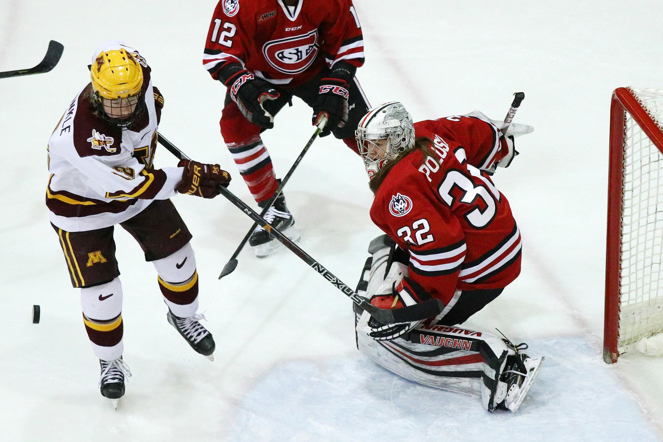 Gophers forward Grace Zumwinkle (shown in a February 2018 game against St. Cloud State) scored twice as the second-ranked Gophers women's hockey team won the inaugural Minnesota Cup by beating St. Cloud State 5-1 on Sunday at Ridder Arena.