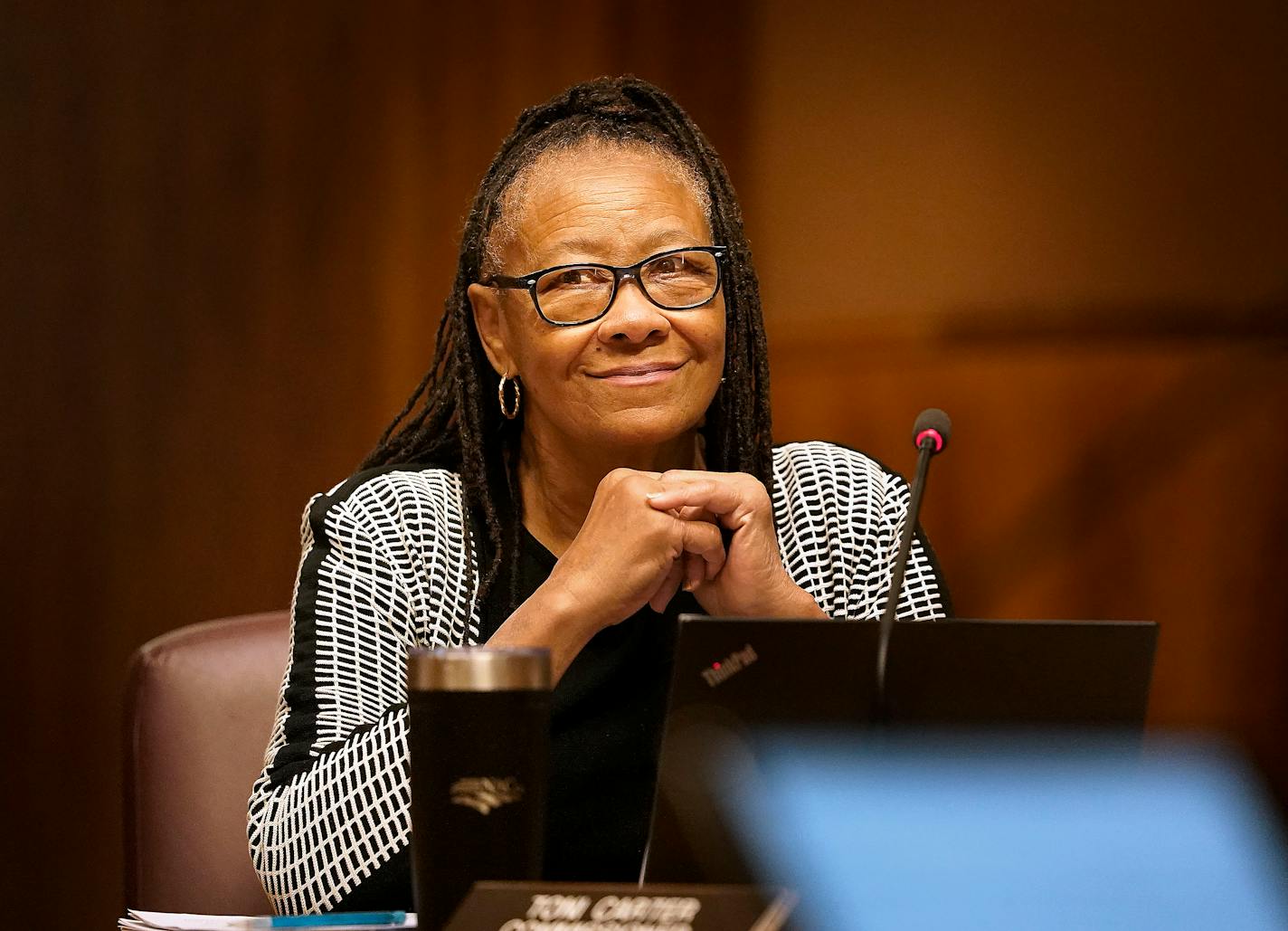 Longtime Ramsey County Commissioner Toni Carter, mom of St. Paul Mayor Melvin Carter, is not seeking reelection and will be retiring at the end of the current term and was seen at a Ramsey County Commission meeting Tuesday, Oct. 18, 2022 at St. Paul City Hall in , Minn. ]