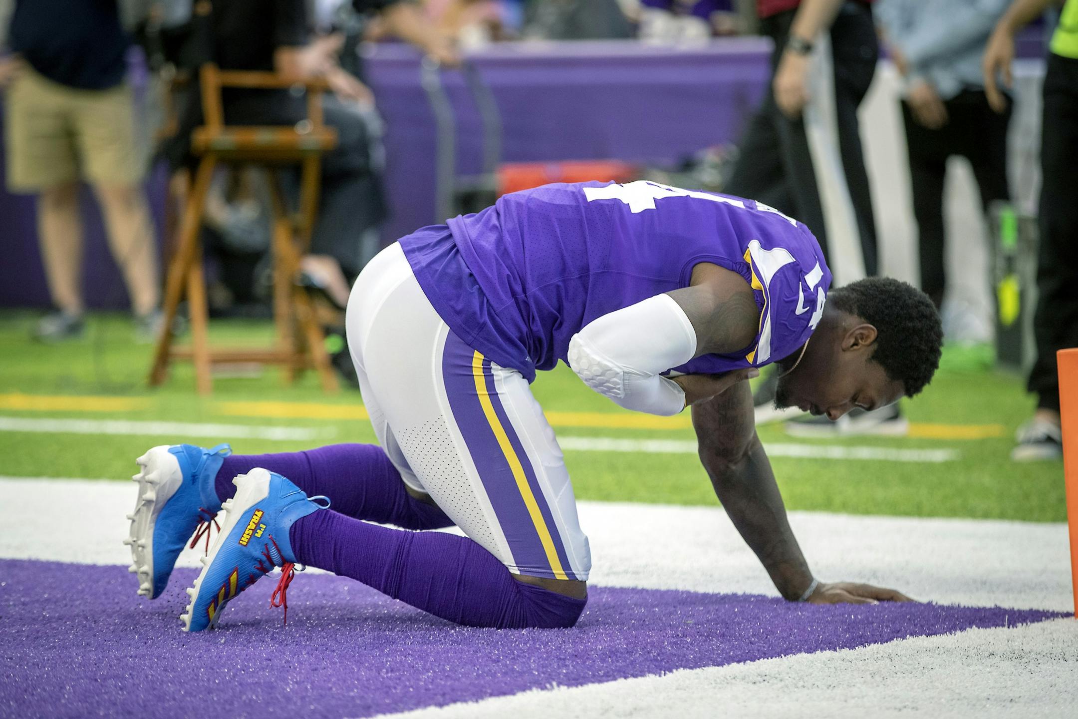 Vikings wide receiver Stefon Diggs took a knee for a prayer in the end zone as the Vikings took the field before the pre-season matchup between the Minnesota Vikings and the Seattle Seahawks at US Bank Stadium, Sunday, August 18, 2019 in Minneapolis, MN.