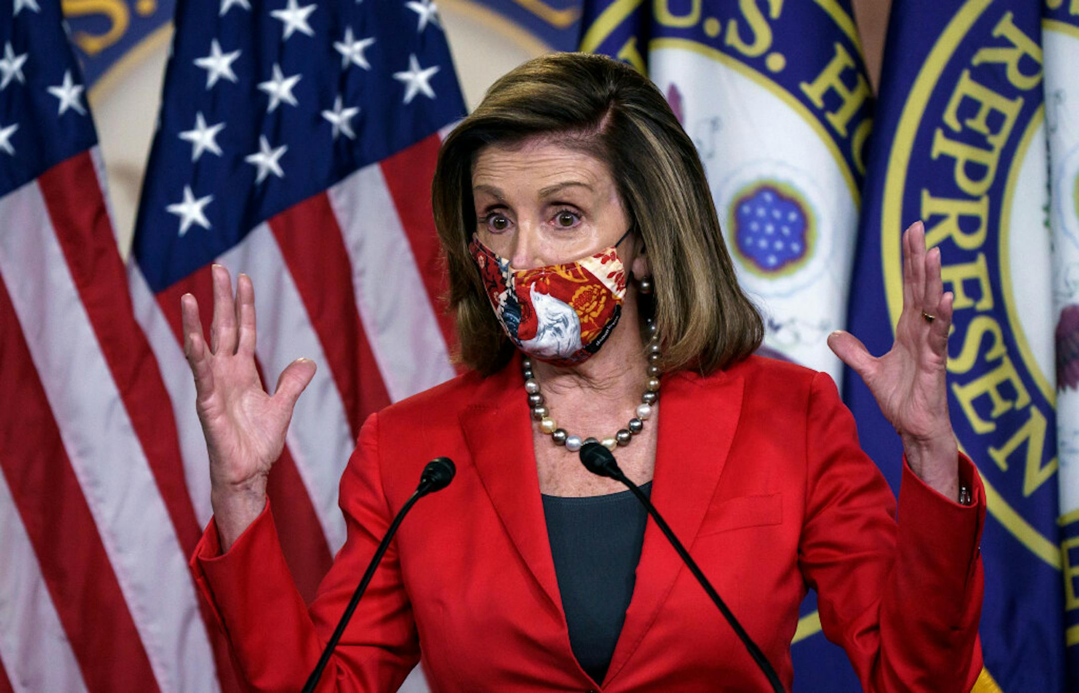 Speaker of the House Nancy Pelosi, D-Calif., talks to reporters about the impact of the election on the political landscape in Congress, at the Capitol in Washington, Friday, Nov. 6, 2020.