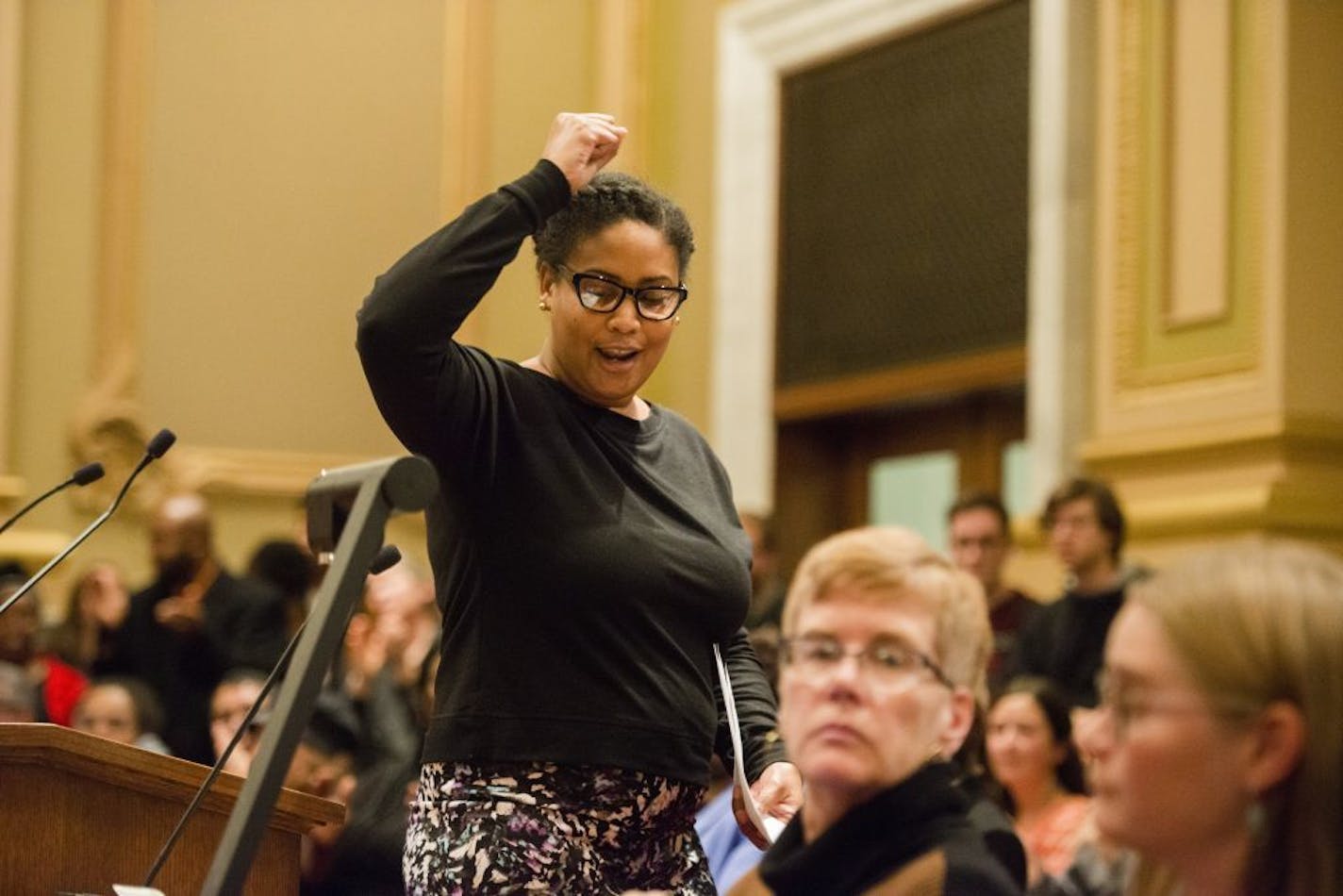 Raeisha Williams led observers in a chant of "we ready, we coming" at the close of her comments Wednesday night at the Minneapolis City Council budget hearing.