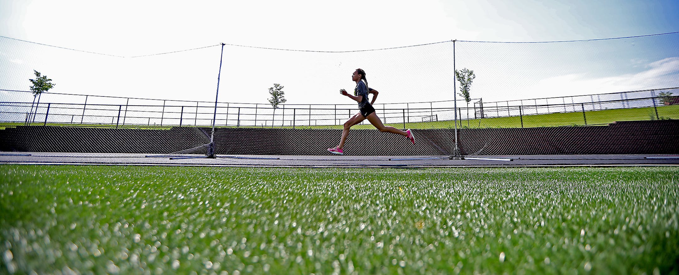 Chanhassen sprinter Jedah Caldwell made her way around the track during a morning workout, Thursday, June 9, 2016 at Chanhassen High School in Chanhassen, MN. ] (ELIZABETH FLORES/STAR TRIBUNE) ELIZABETH FLORES � eflores@startribune.com