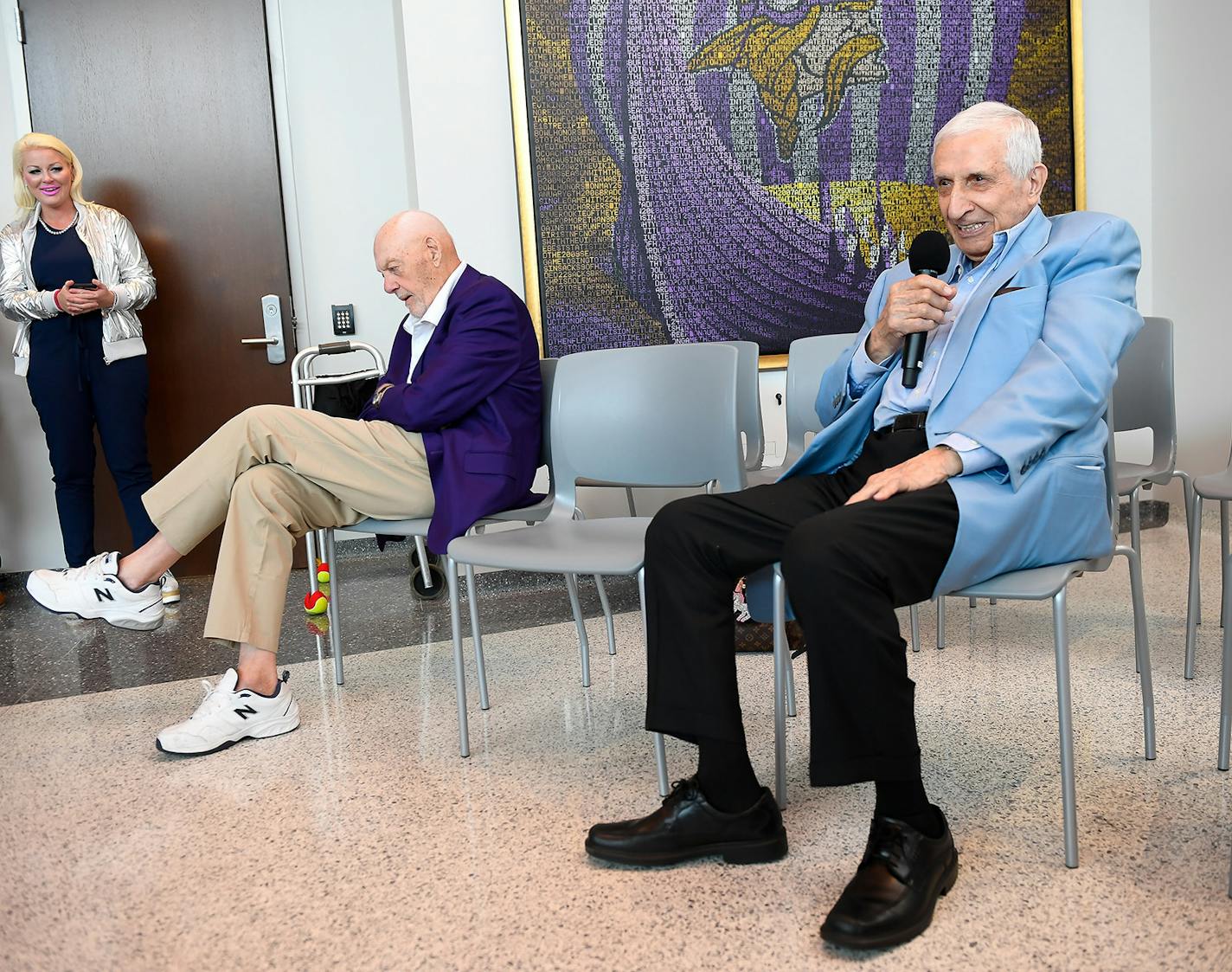 Sid Hartman spoke during an unveiling for the Sid Hartman Interview Room, next to Bud Grant, at the Vikings new training facility in Eagan in 2018.