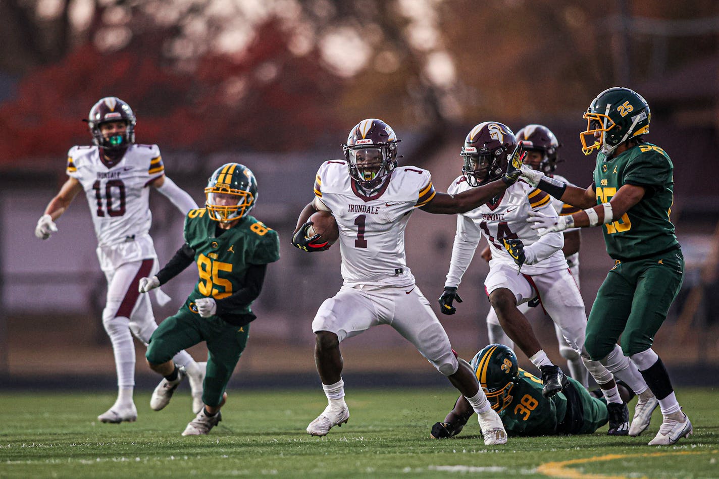 Irondale's Ralph Naimah (1) broke free for a long kickoff return to start the second half. Irondale won the game 21-0. Photo by Mark Hvidsten, SportsEngine