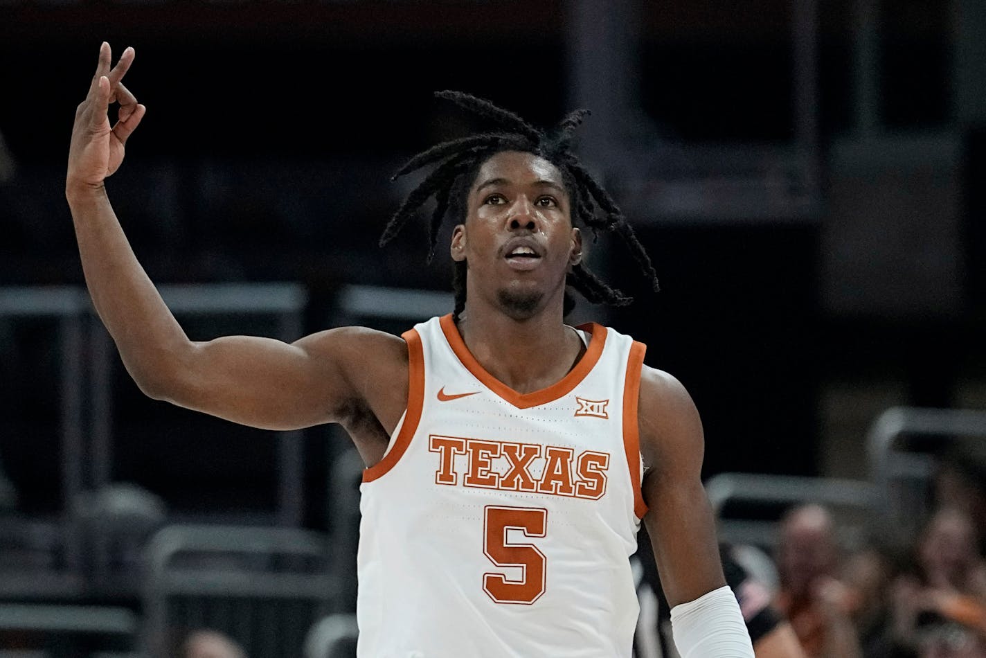 Texas guard Marcus Carr reacts after scoring against Texas A&amp;M-Commerce during the first half of an NCAA college basketball game in Austin, Texas, Tuesday, Dec. 27, 2022. (AP Photo/Eric Gay)