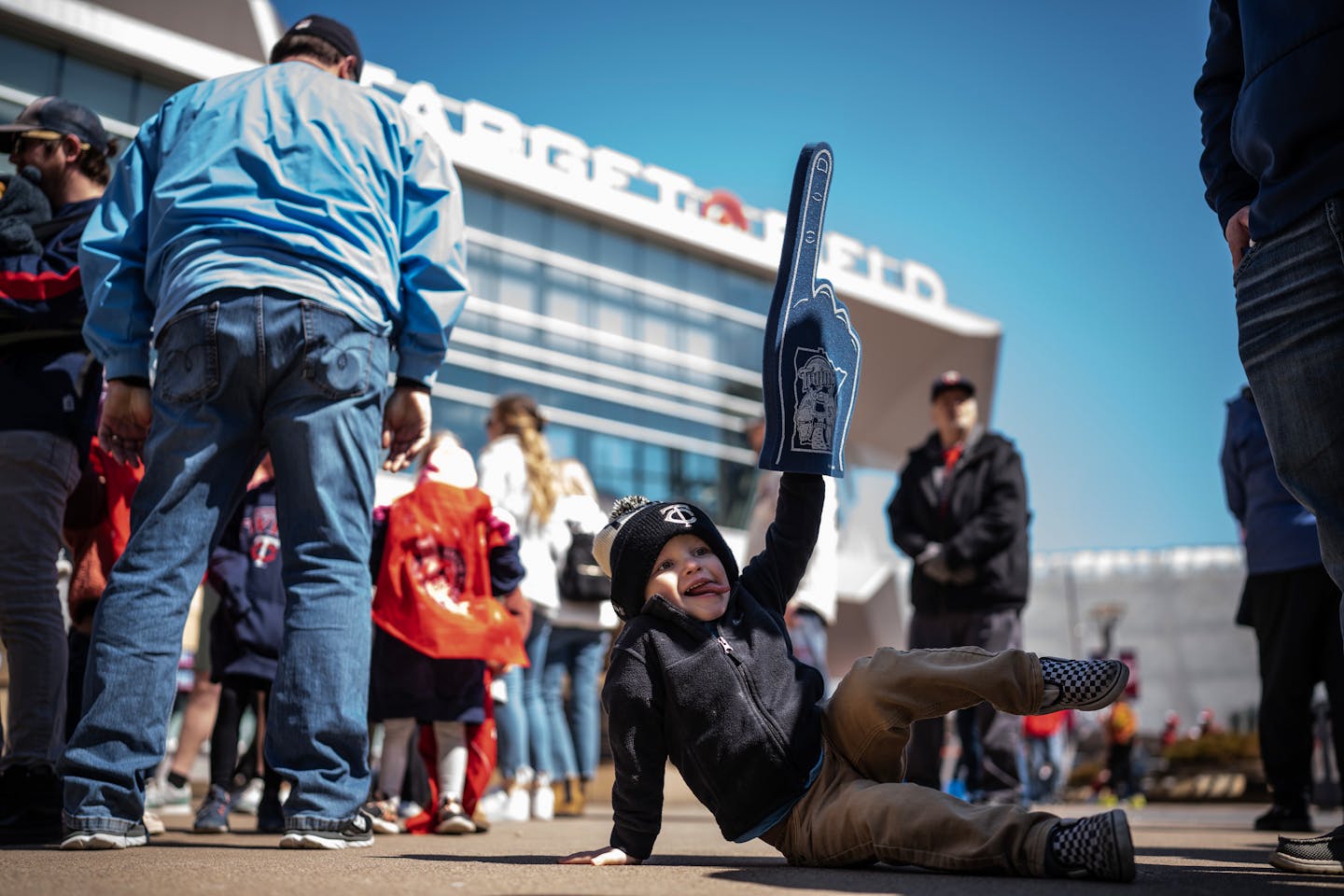 Noah Hamann, 3 of Watertown, SD joined his dad Tyler and other family members on Minnesota Twins opening day at Target Field Friday April 7,22023 in Minneapolis, Minn.] JERRY HOLT • jerry.holt@startribune.come