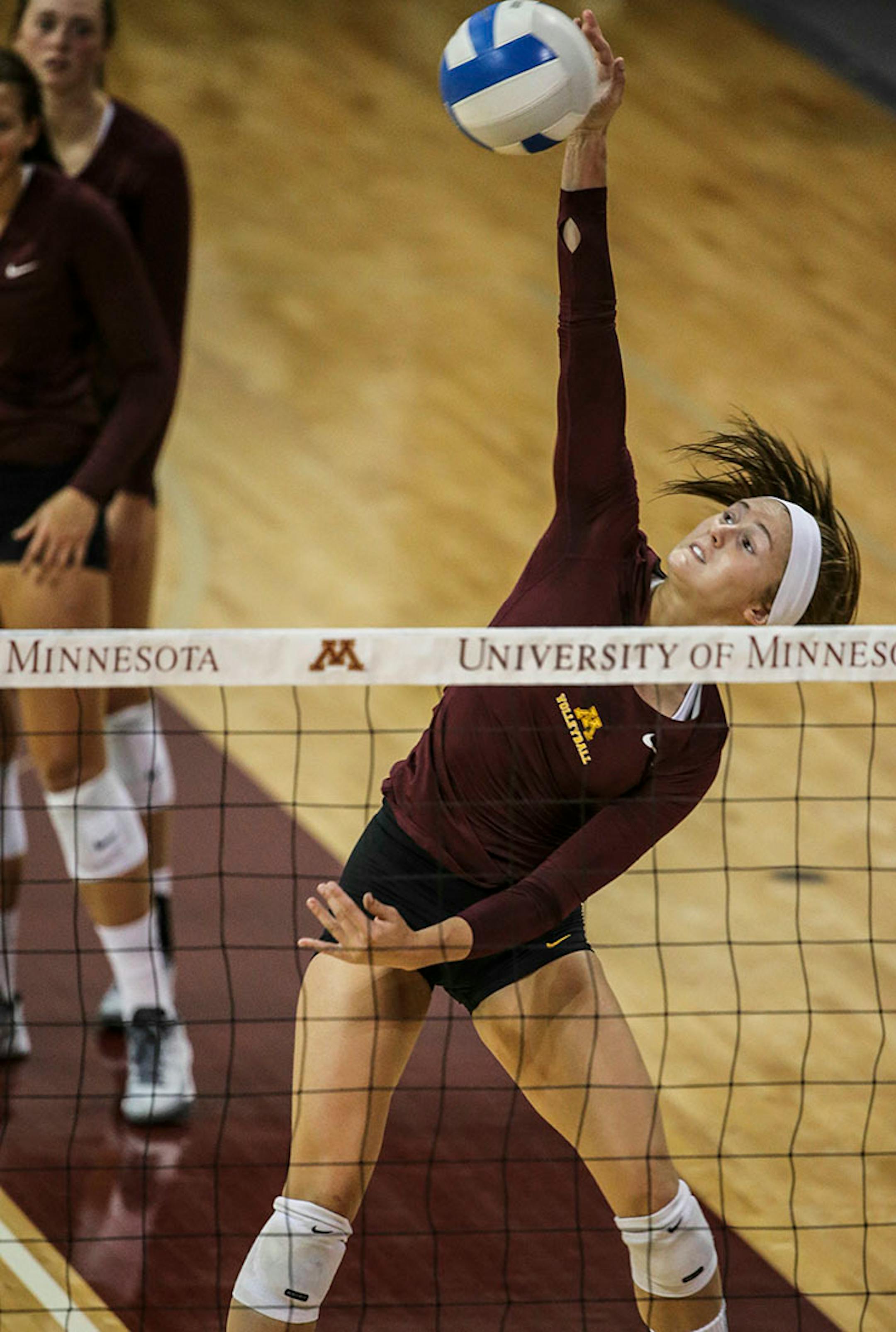 The Gophers' Alyssa Goehner spikes during practice at the Sports Pavillion earlier this season.