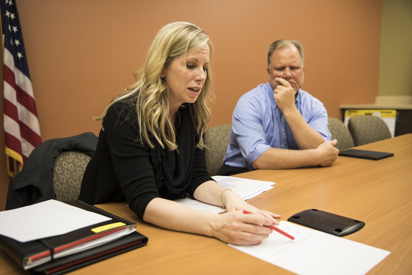 Assistant human services director Angie Youngerberg and human service director Phil Claussen talked about the Yellow Line Project on Friday, February 23, 2018, at the Blue Earth County Justice Center in Mankato, Minn. ] RENEE JONES SCHNEIDER &#x2022; renee.jones@startribune.com