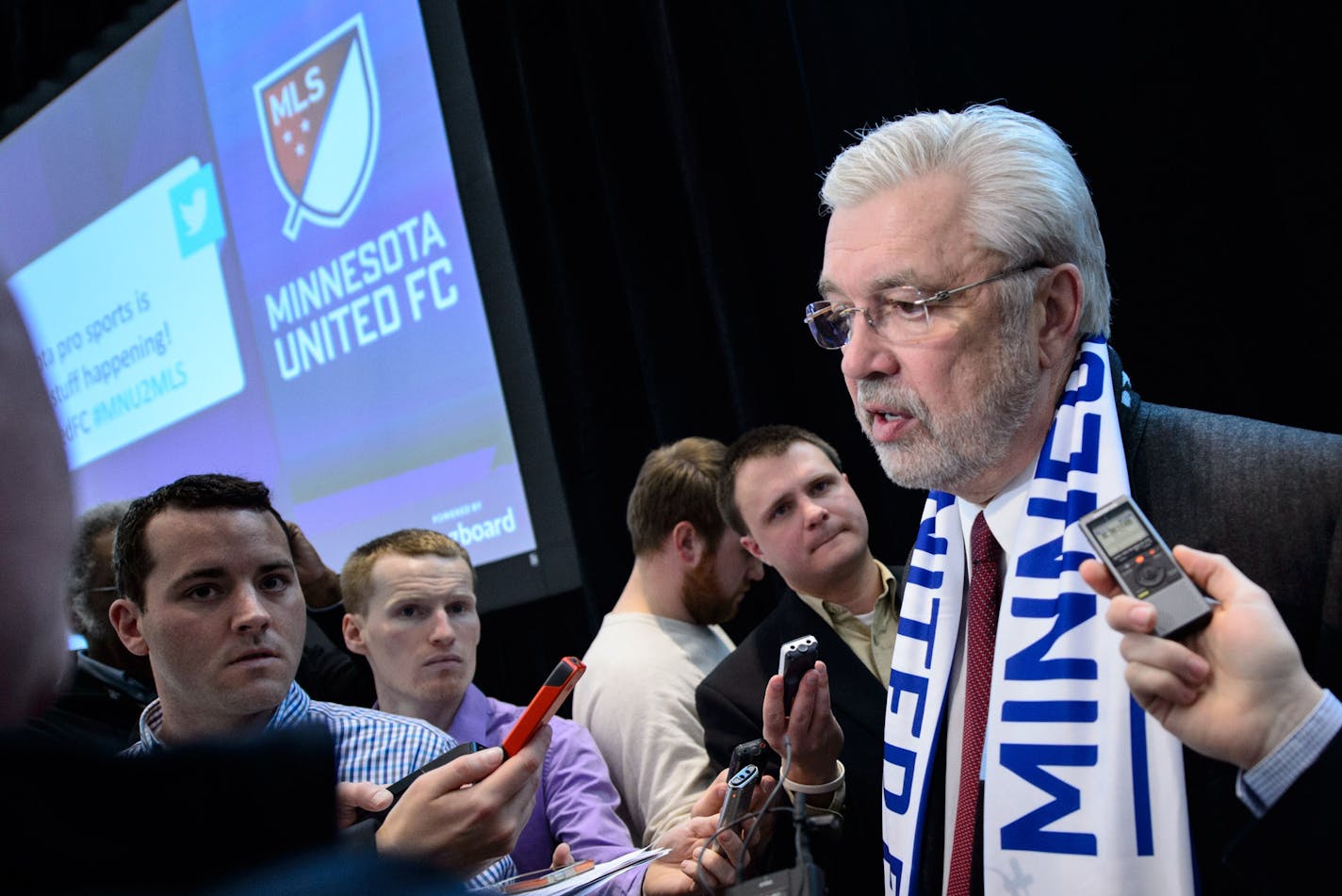 Dr. Bill McGuire spoke to media members after the announcement. ] GLEN STUBBE * gstubbe@startribune.com Wednesday, March 25, 2015 Major League Soccer, Commissioner Don Garber and Dr. Bill McGuire announced that Minnesota will be awarded an expansion soccer team.