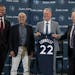 Minnesota Timberwolves Ownership Group Alex Rodriguez, left, Marc Lore,, second from left, and Glen Taylor, right, pose for a photo with Timberwolves 