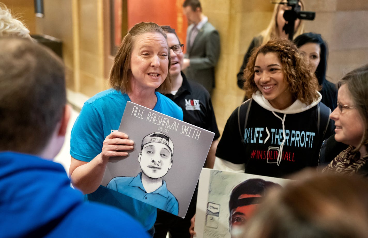 Insulin backers including Nicole Smith-Holt, center, gathered outside the House Chamber to support House members who are expected to pass an emergency insulin package Wednesday night. The bill named after her son Alec who died trying to ration his insulin in 2017. ] GLEN STUBBE &#x2022; glen.stubbe@startribune.com Wednesday, February 26, 2020 The legislative auditor will present a report on an audit of security practices in Minnesota prisons.