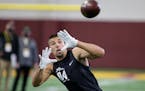 Minnesota Mankato tight end Shane Zylstra makes a catch during Minnesota NFL football Pro Day Thursday, April 1, 2021, in Minneapolis. (AP Photo/Andy 
