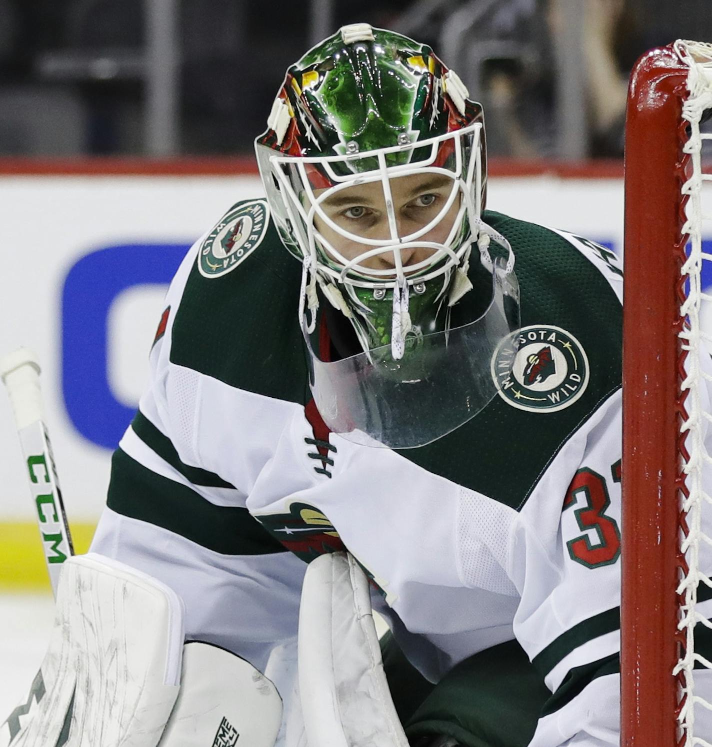 Minnesota Wild goaltender Kaapo Kahkonen defends his net during the second period of an NHL hockey game against the New Jersey Devils Tuesday, Nov. 26, 2019, in Newark, N.J. (AP Photo/Frank Franklin II)