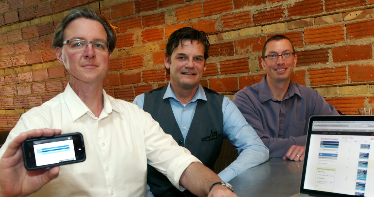 Left to right: Lloyd Cledwyn, Alec Johnson, and Jay Ebben launched thier own latest business venture ' JustLearn' a cloud based course management platform for teachers and students. ] JOELKOYAMA&#x201a;&#xc4;&#xa2;jkoyama@startribune St. Paul, MN on April 16, 2014.