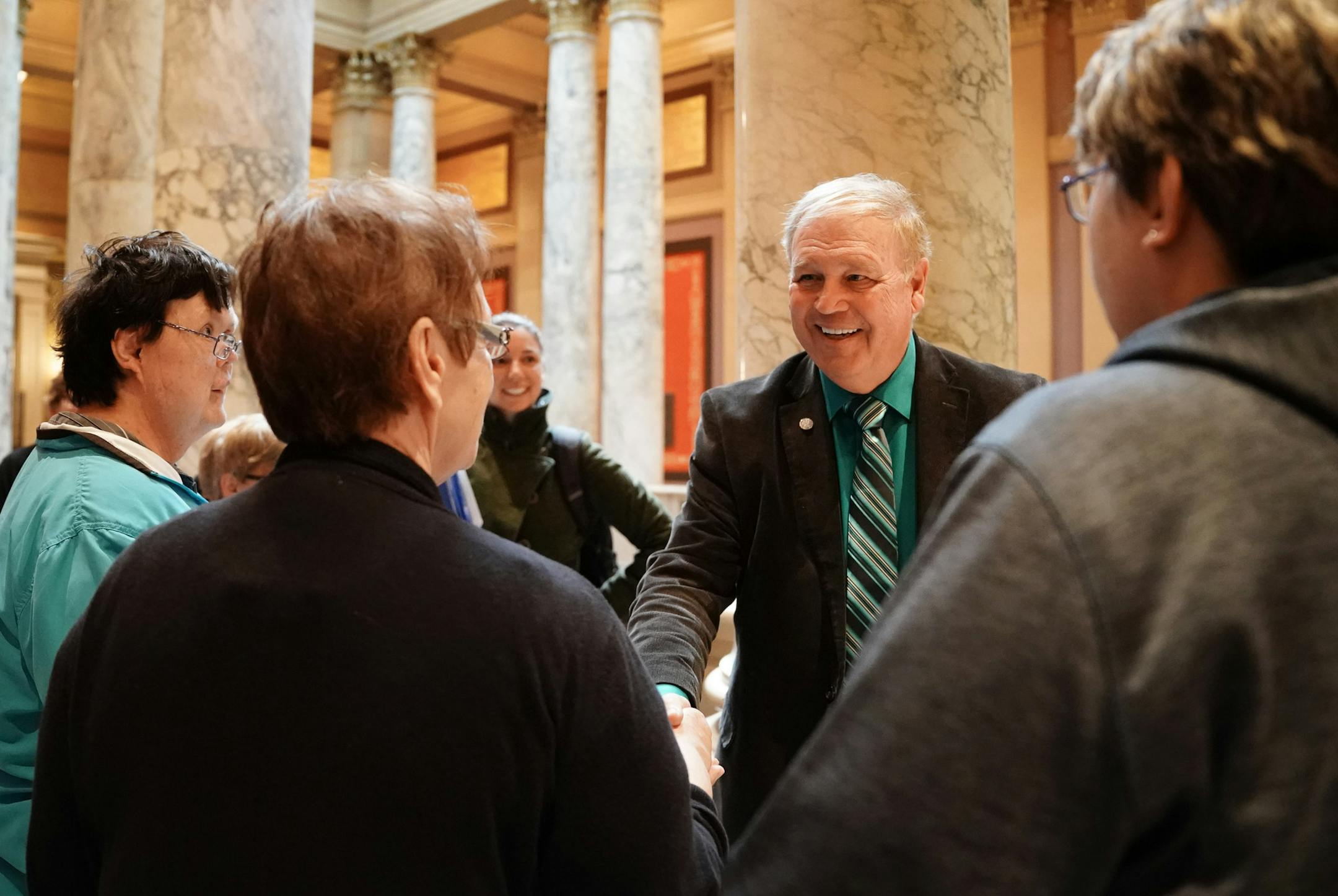Rep Dean Urdahl visited with a group of disabled adults from his home district in Litchfield who were at the Capitol trying to stop budget cuts to social services. They were accompanied by representatives with Lutheran Social Services. ] GLEN STUBBE ï glen.stubbe@startribune.com Tuesday, April 24, 2018