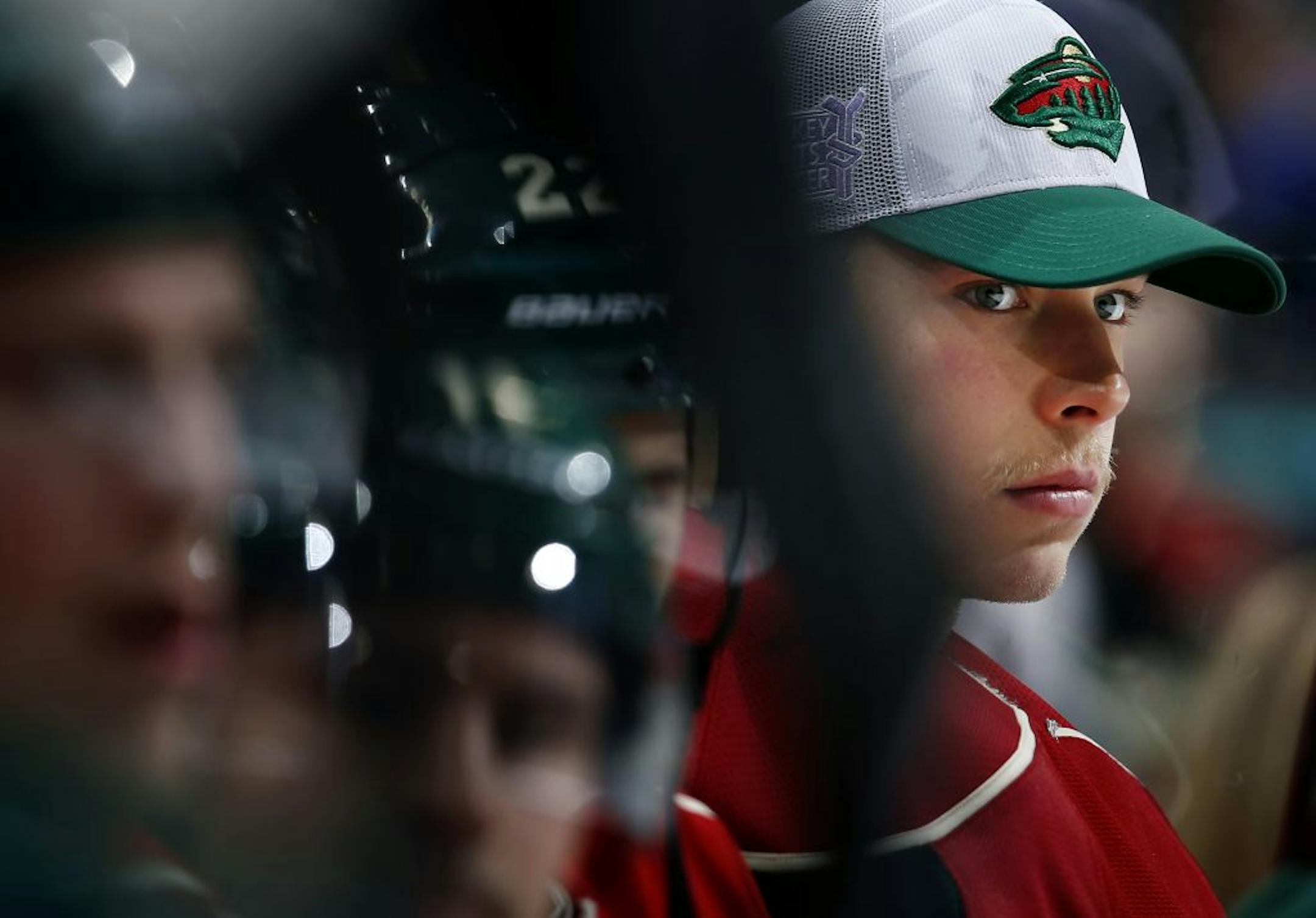 Minnesota Wild goalie Darcy Kuemper (35) watched from the bench in the second period. Kuemper gave up four goals in the first period and was replaced by Niklas Backstrom in the second period.