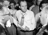 Minneapolis Mayor Hubert Humphrey took time out from Democratic Party platform discussions to talk to reporters July 14, 1948. Humphrey, a leading lib