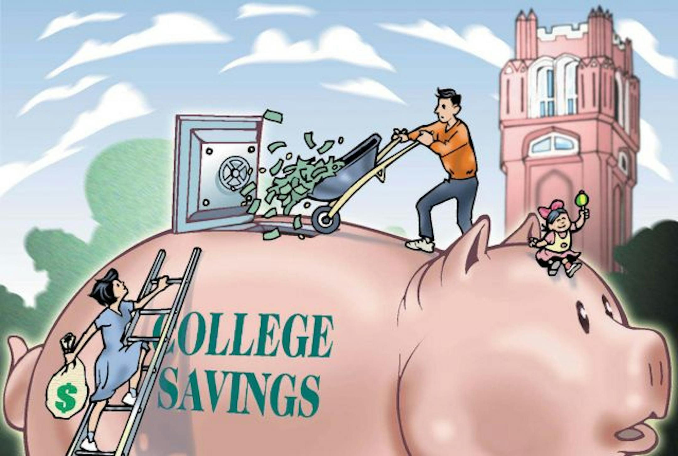 300 dpi 4 col x 5.25 in / 196x133 mm / 667x454 pixels John Roberge color illustration of a mom and dad filling a giant piggy bank with bags of money while their young daughter plays and university towers stand in the background. Tallahassee Democrat 2002