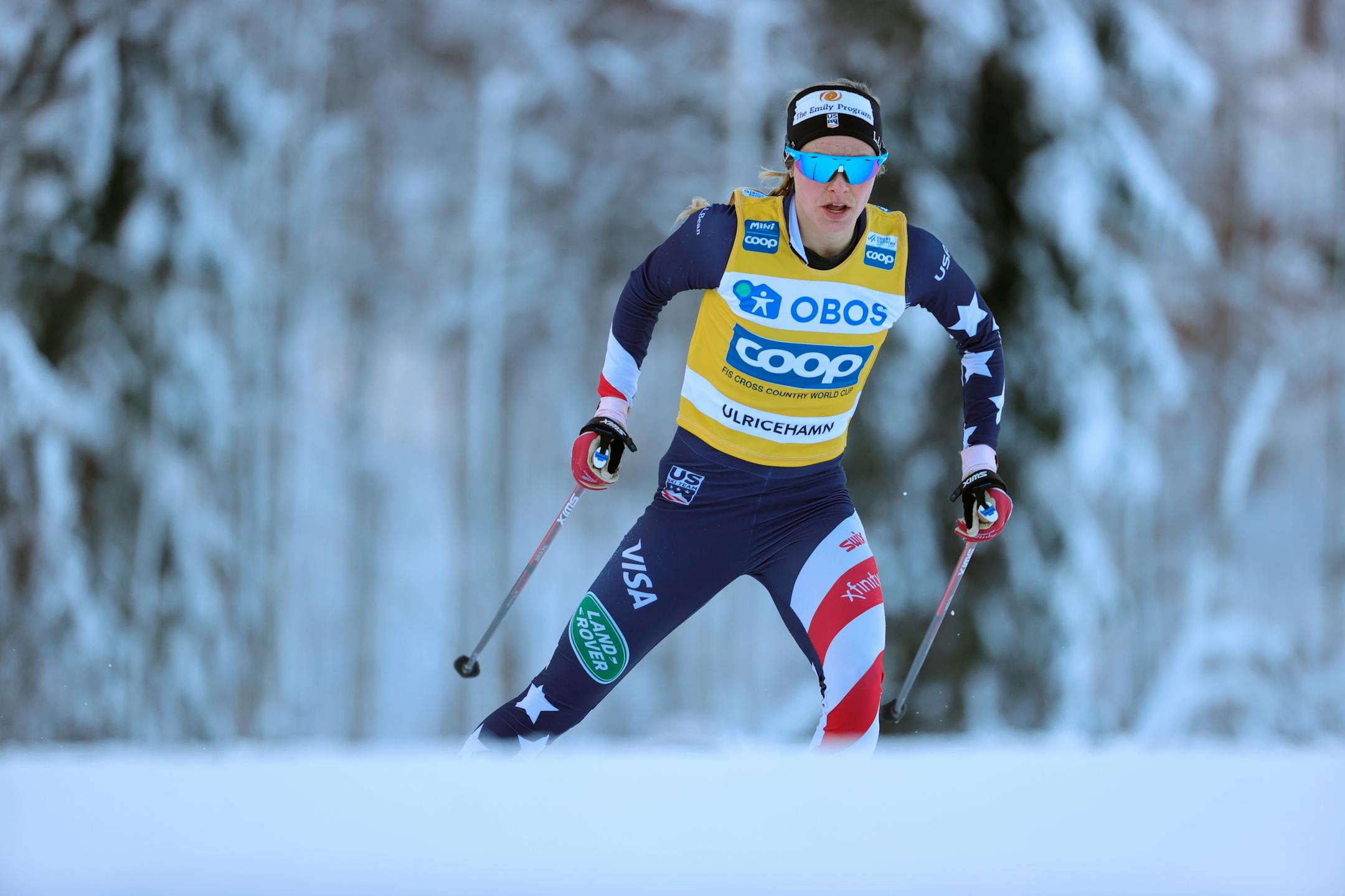 Jessie Diggins of US competes during the Women's World Cup Free Sprint, in Ulricehamn, Sweden, Saturday Feb. 6, 2021. (Adam Ihse/TT News Agency via AP)
