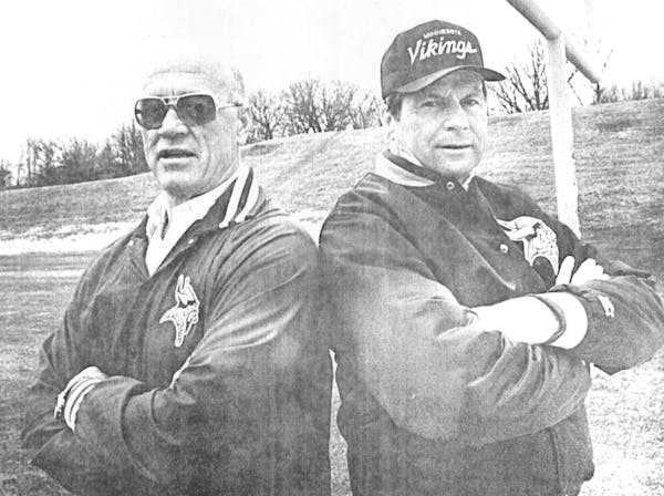 Vikings defensive coordinator Floyd Peters, left, and offensive coordinator Bob Schnelker in 1987.