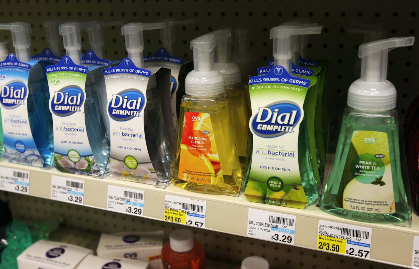 Soaps containing the antibacterial chemical triclosan are displayed on a shelf at a Minneapolis pharmacy. Gov. Mark Dayton on Friday signed a bill to make Minnesota the first state to ban the use of triclosan in retail consumer cleaning products, starting Jan. 1, 2017.