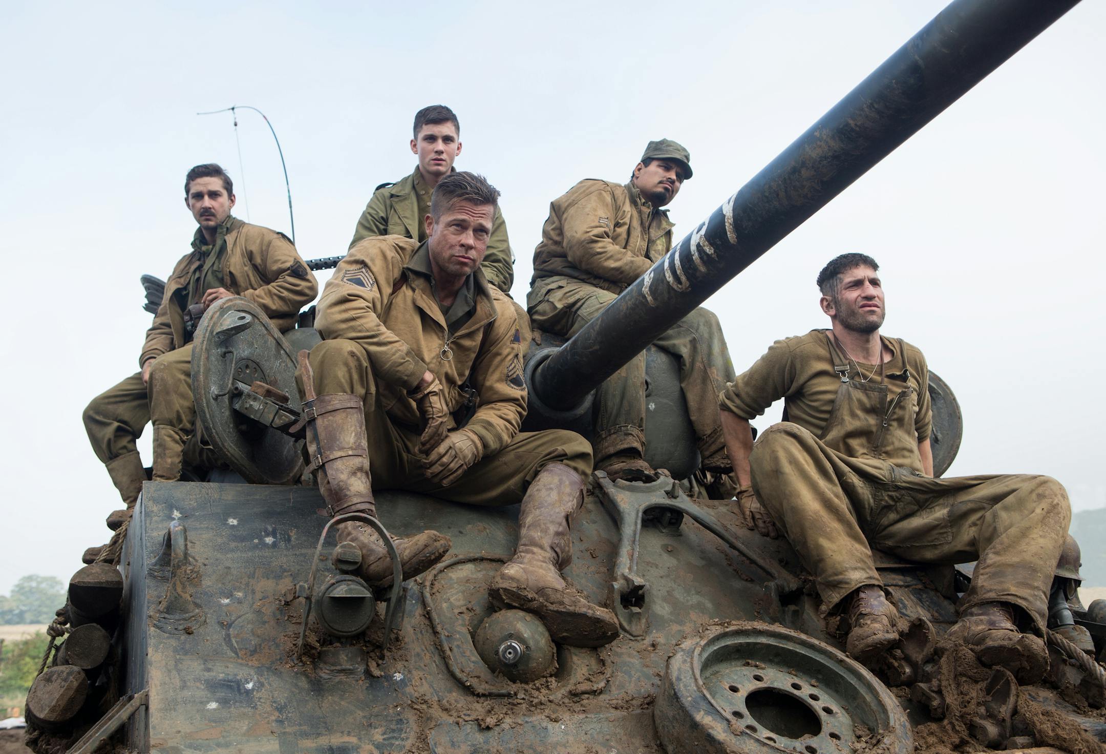 The crew of "Fury": Boyd "Bible" Swan (Shia LaBeouf), Norman (Logan Lerman), Wardaddy (Brad Pitt), Trini "Gordo" Garcia (Michael Pena) and Grady "Coon-Ass" Travis (Jon Bernthal) in Columbia Pictures' "Fury."