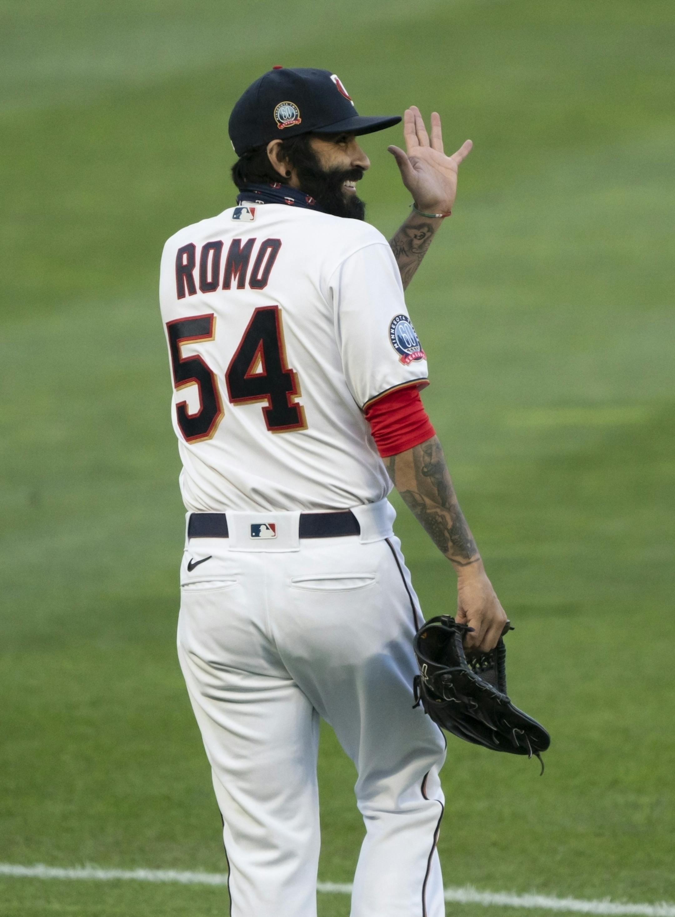 Minnesota Twins relief pitcher Sergio Romo (54) walked to the bullpen during a scrimmage at practice at Target Field in Minneapolis, Minn., on Wednesday, July 15, 2020.