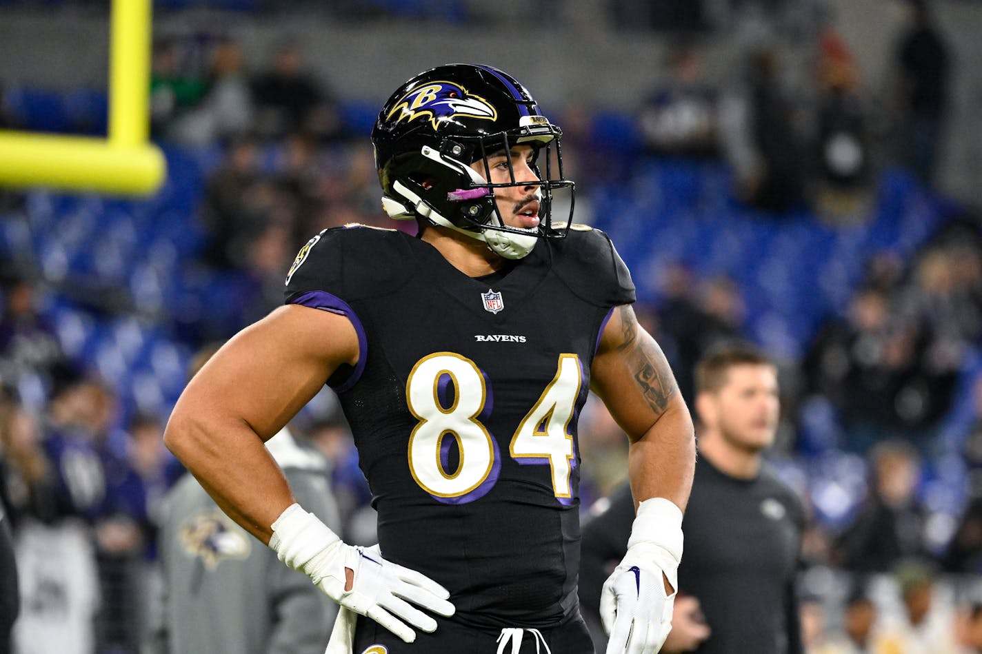 Baltimore Ravens tight end Josh Oliver (84) looks on during pre-game warm-ups before an NFL football game against the Pittsburgh Steelers, Sunday, Jan. 1, 2023, in Baltimore. (AP Photo/Terrance Williams)