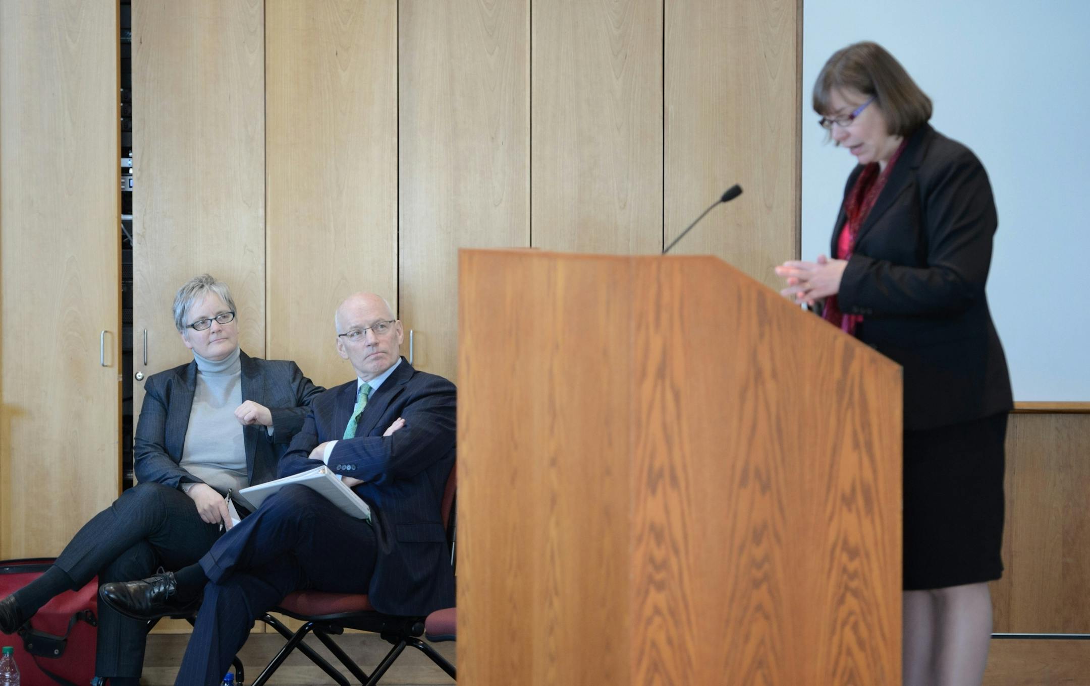 State Budget Director Margaret Kelly and Minnesota Management and Budget Commissioner Myron Frans listened as State Economist Dr. Laura Kalambokidis spoke.