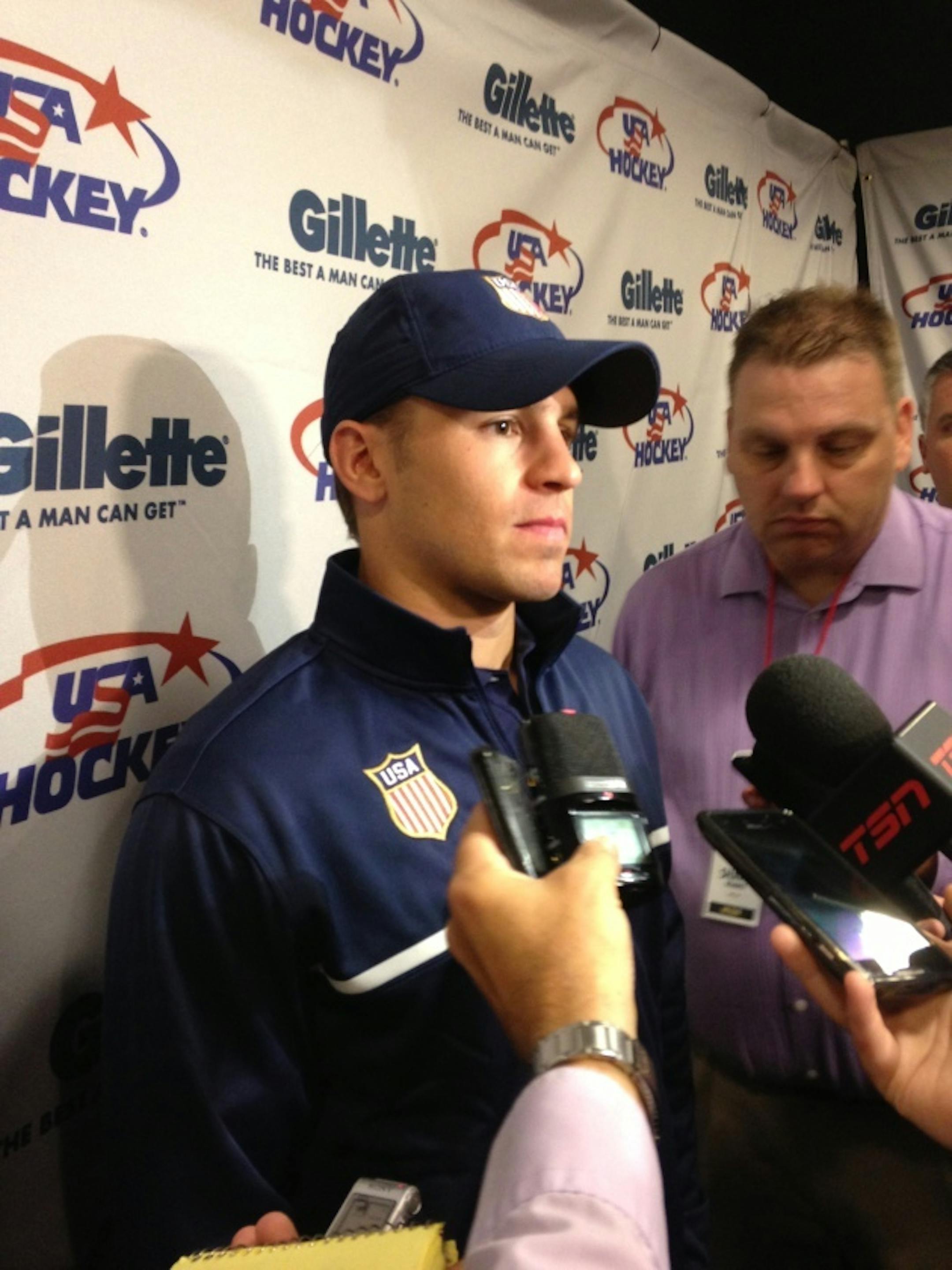 The Wild's Zach Parise spoke to media members during the U.S. Olympic team's orientation camp on Monday in Arlington, Va.