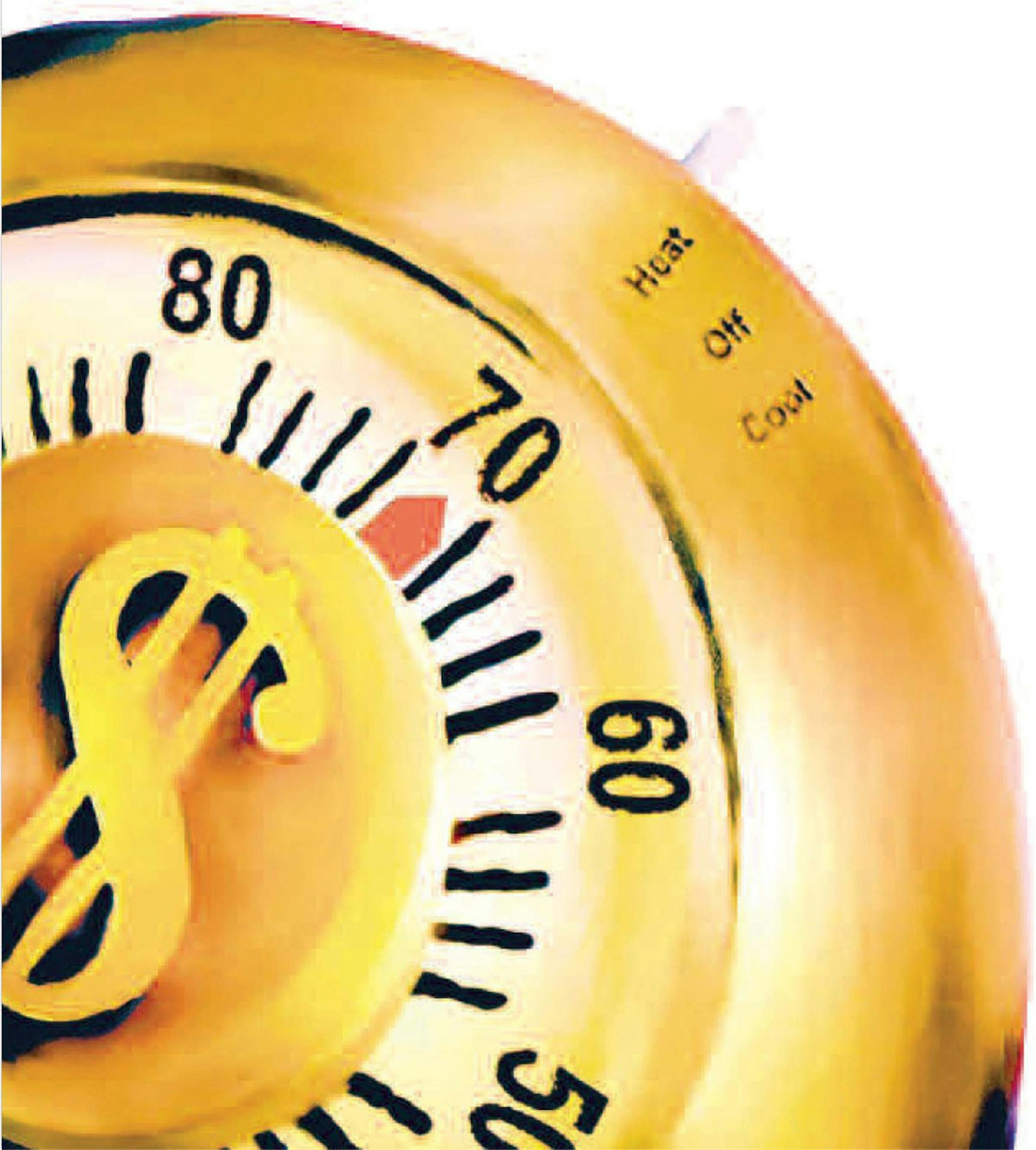 Michael Hogue color illustration of gold thermostat with dollar sign center pointing to 70 degrees. (The Dallas Morning News) ORG XMIT: 1146037
