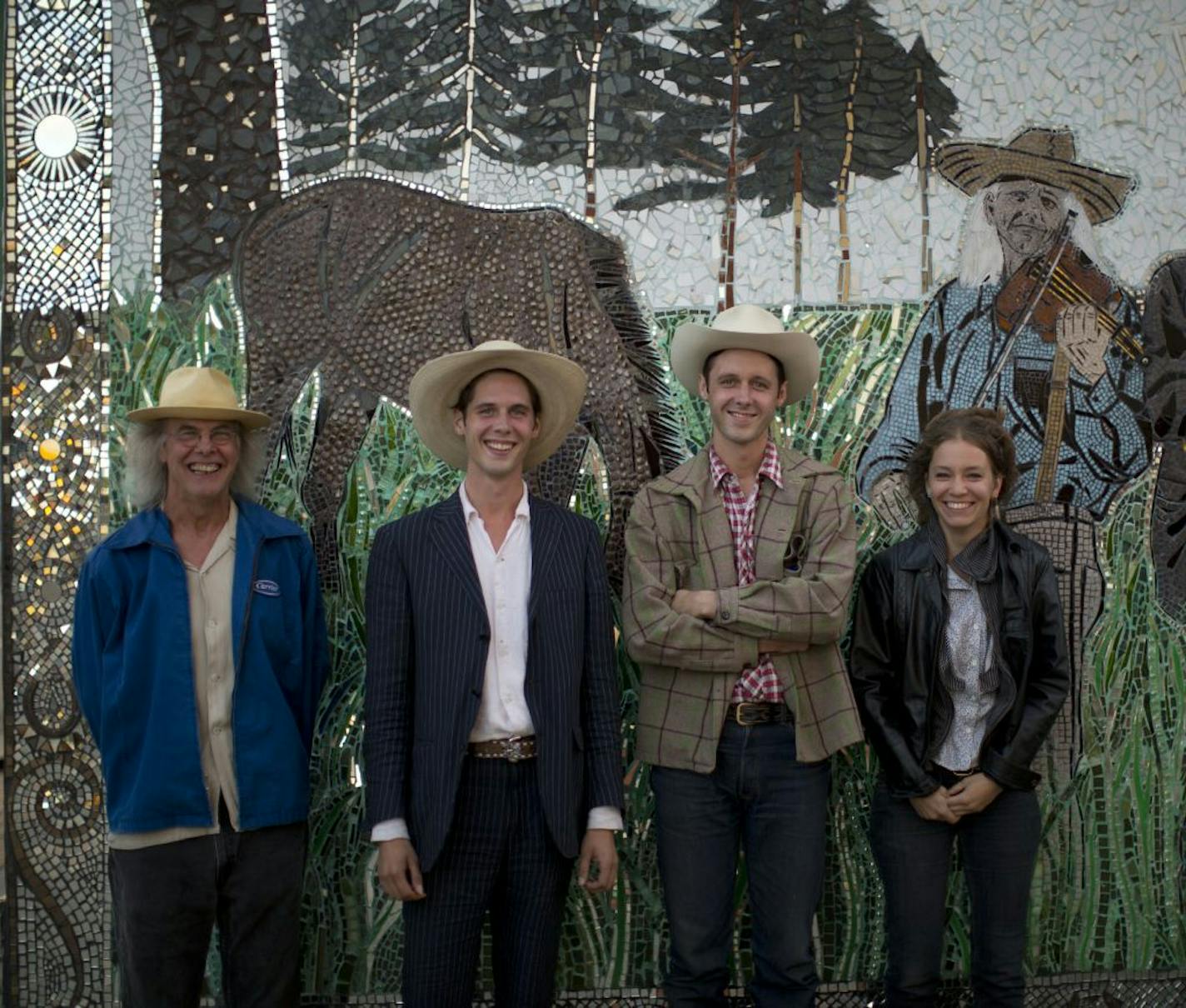 The Cactus Blossoms: Randy Broughten, Jack Torrey, Page Burkum, bassist Liz Draper and Razz Russell (depicted in mosaic form on the side of the Turf Club).