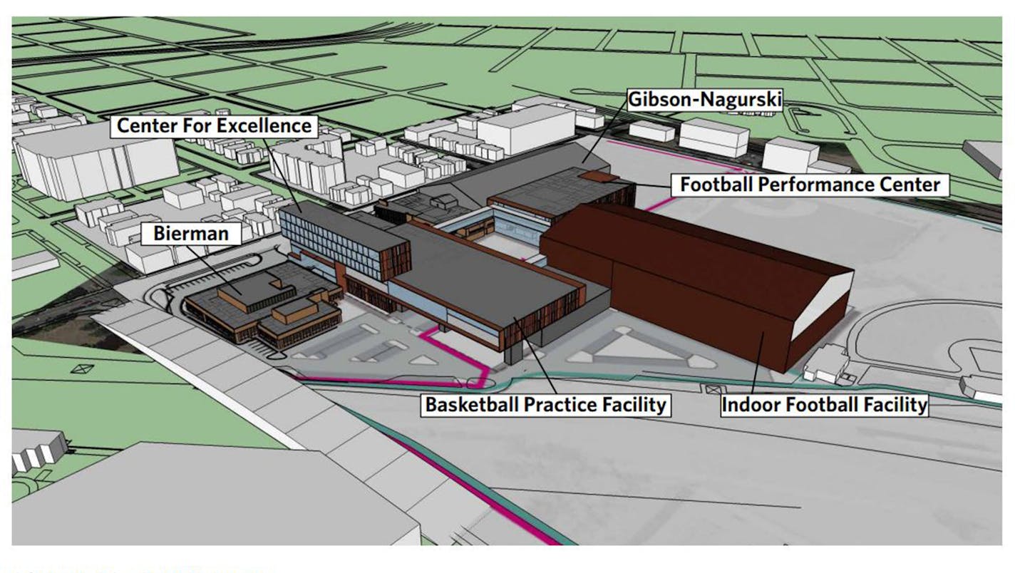 Renderings from the university's 1/15/15 RFP. ... The University of Minnesota is now shopping for a construction company to build its ambitious new athletics facilities village on campus later this year. Once budgeted as a $190 million project, the university scaled back plans slightly during its recently completed design stage and is hoping to begin construction on a $150 million revamp &#xec;as soon as possible,&#xee; senior associate athletic director Chris Werle told the Star Tribune on Mond