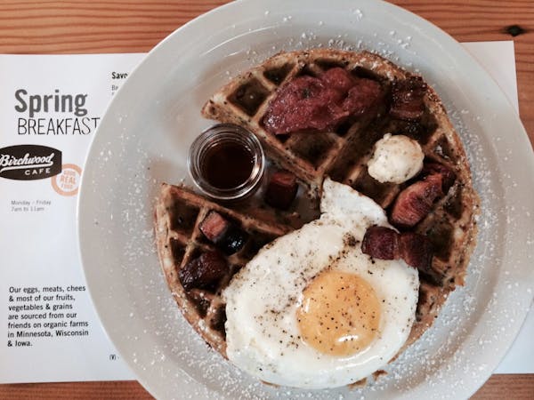 Savory waffles at the Birchwood Cafe are served all day.