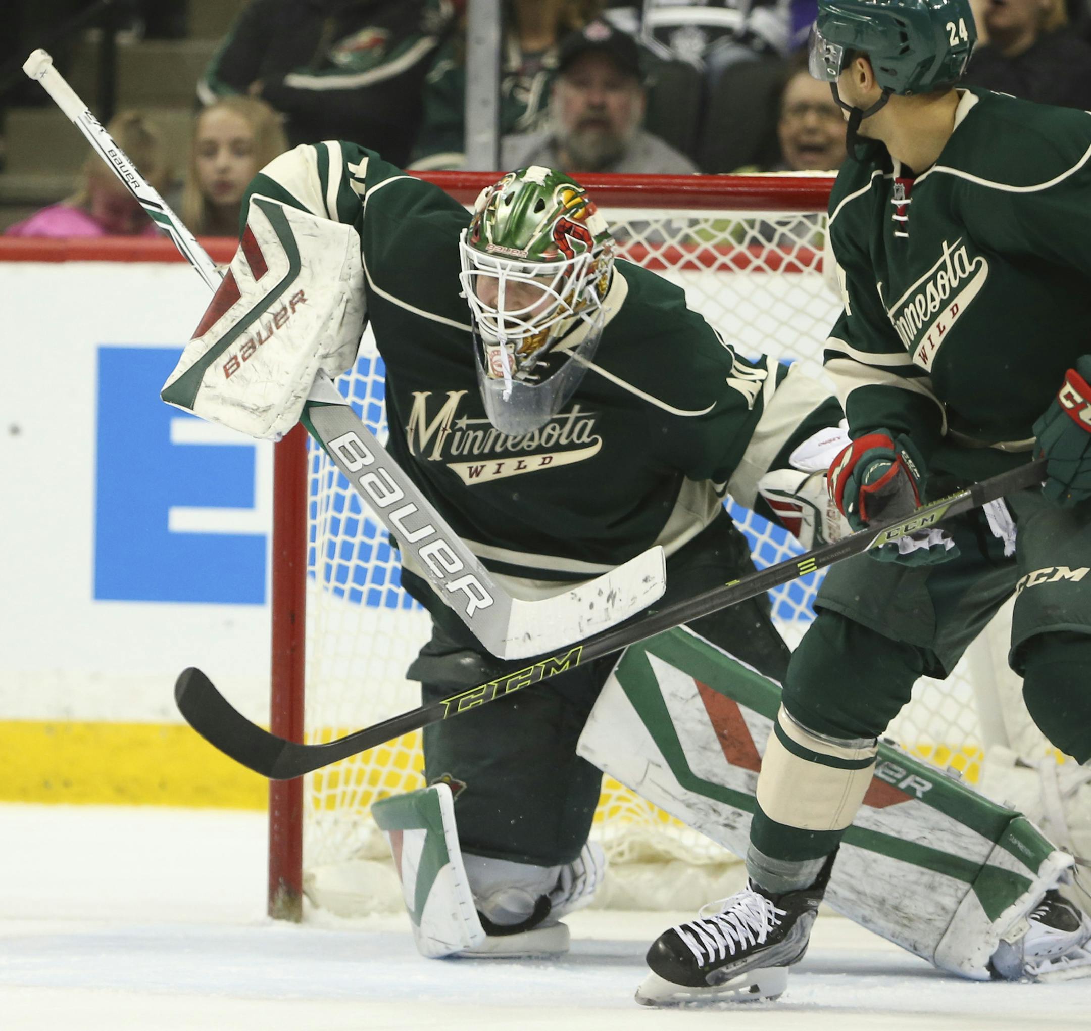 Wild goalie Devan Dubnyk (40) made a pad save in the second period Tuesday night. He stopped 38 Kings shots, a season high performance. ] JEFF WHEELER ï jeff.wheeler@startribune.com The Minnesota Wild faced the Los Angeles Kings in an NHL hockey game Tuesday night, March 22, 2016 at Xcel Energy Center in St. Paul.