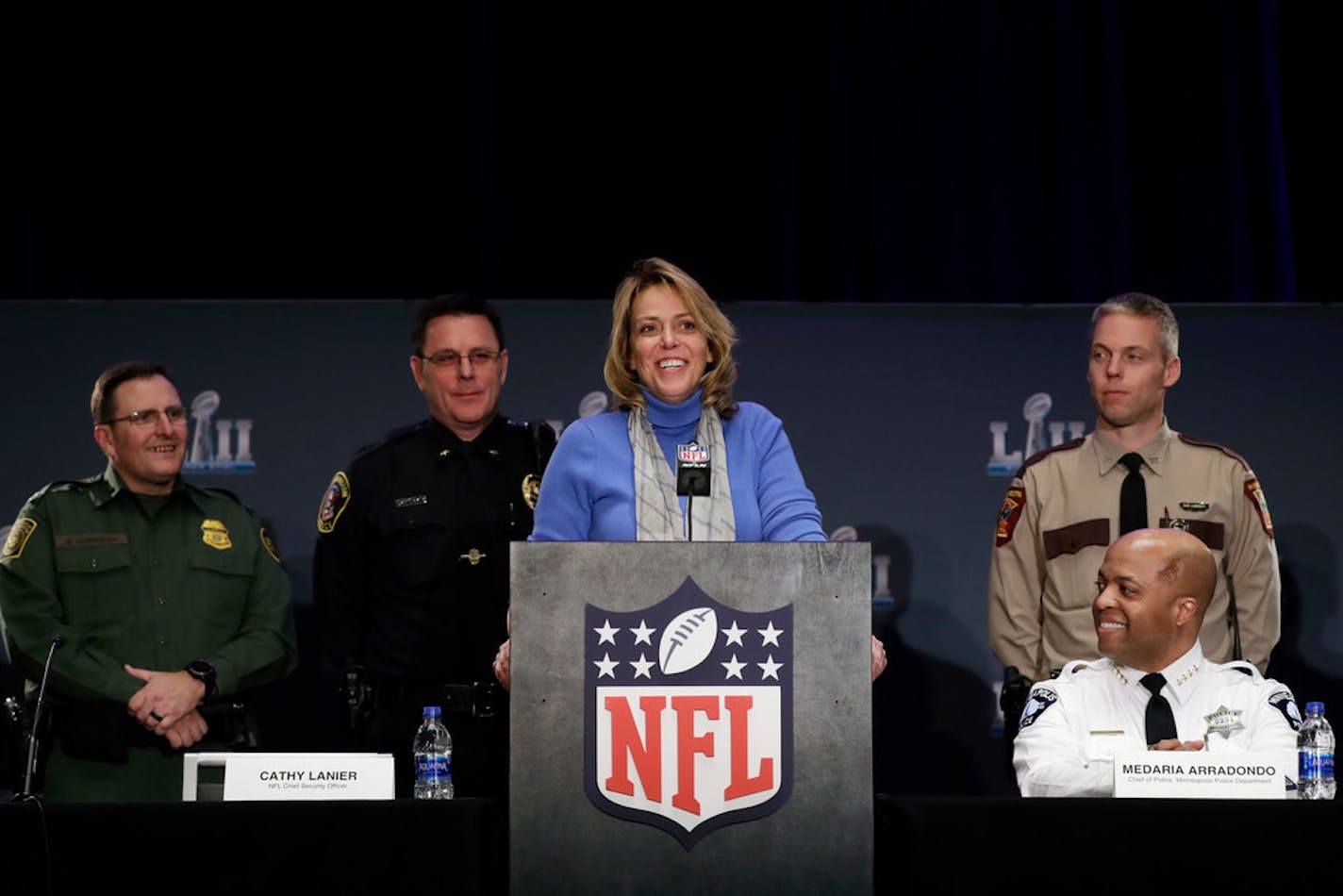 The NFL's Cathy Lanier spoke Wednesday during a security news conference in advance of Super Bowl LII in Minneapolis. The Philadelphia Eagles play the New England Patriots on Sunday.