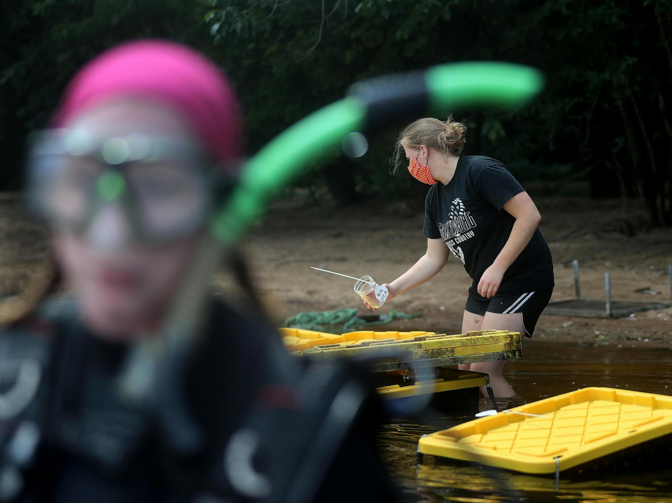 A Minnesota DNR crew transplanted 3,506 mussels native to Minnesota -- including Higgins' eye, bucket and snuffbox-- to grow in the waters of the St. Croix River, across from Hudson, WI, Tuesday in Lakeland, MN. Here, Minnesota Department of Natural Resources crew member Lindsay Ohlman, front, readies to dive as Anna Scheunemann prepares totes with mussels transplanted into them to be placed in the St. Croix.