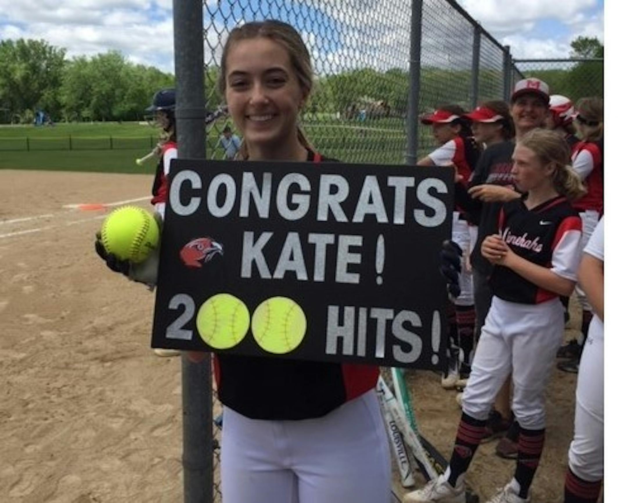 Minnehaha Academy's Kate Pryor after reaching 200 career base hits.