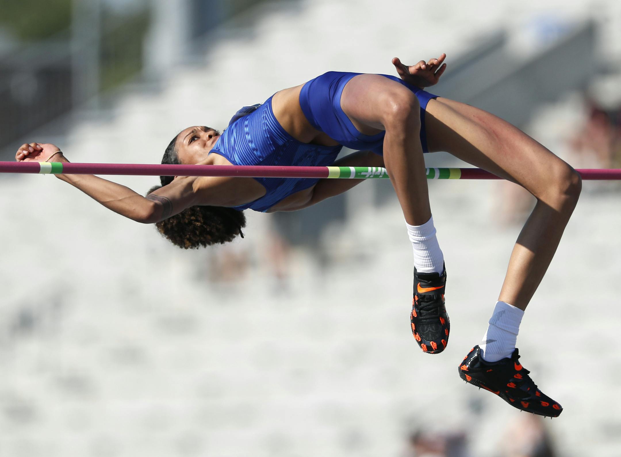 Vashti Cunningham clears the bar during the women's high jump at the U.S. Championships athletics meet, Saturday, July 27, 2019, in Des Moines, Iowa. (AP Photo/Charlie Neibergall)