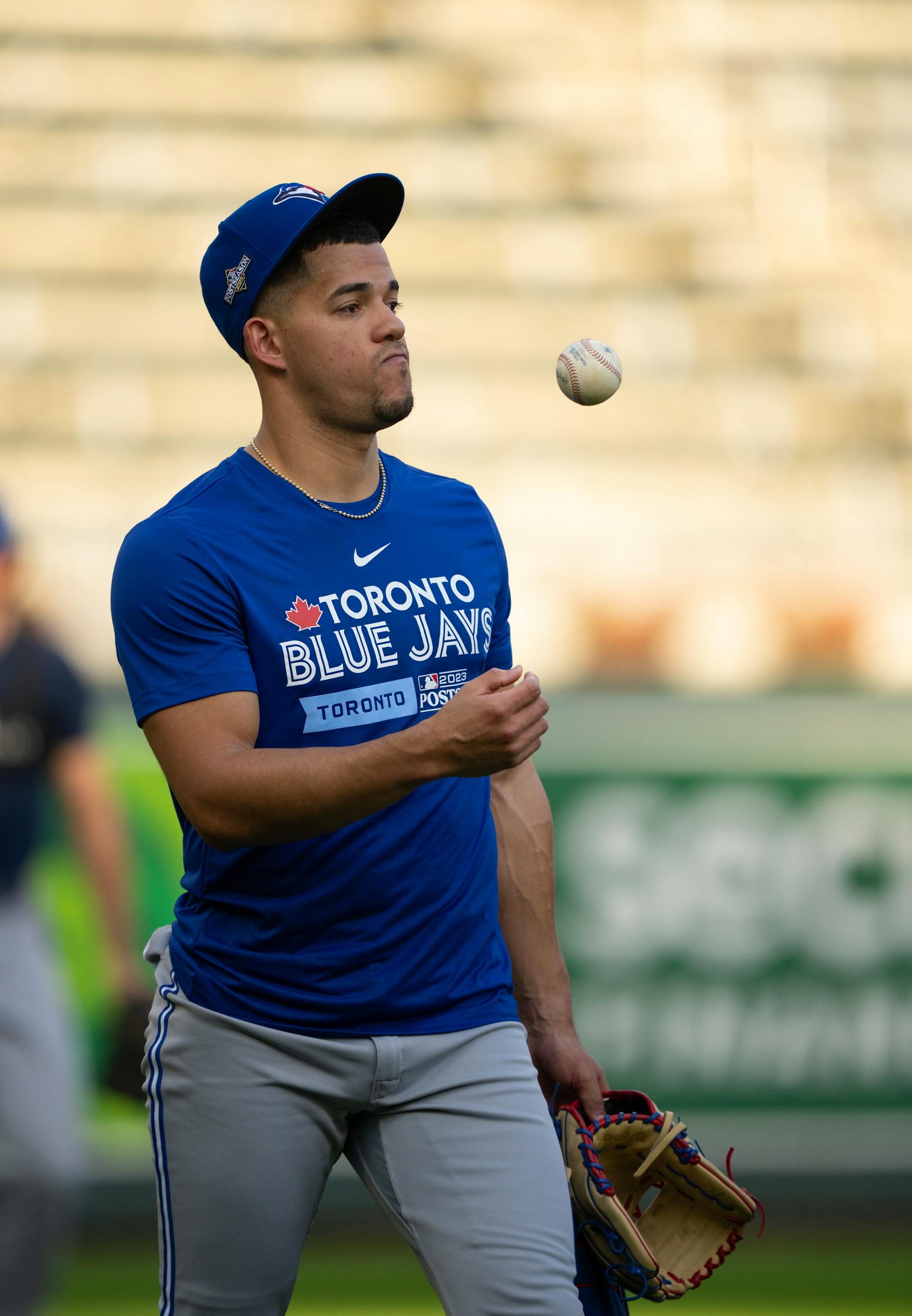 Toronto pitcher José Berríos walked to a pitchers meeting during the Blue Jays' workout. The Toronto Blue Jays worked out at Target Field in Minneapolis Monday, October 2, 2023, the day before they face the Minnesota Twins in an American League Wild Card Playoff Series.