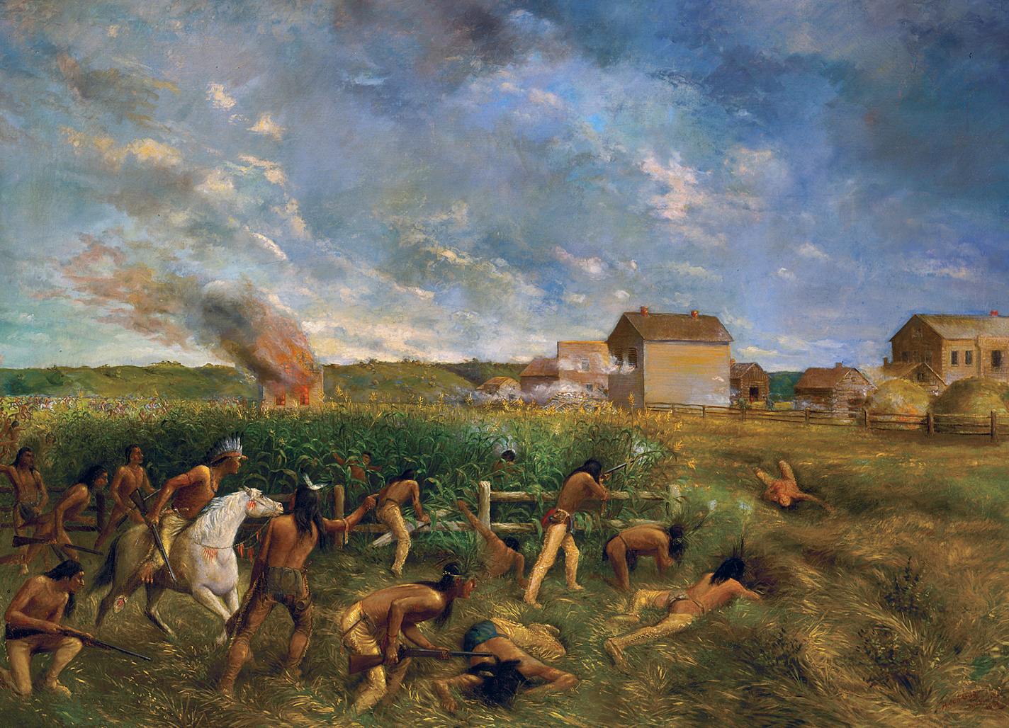 Art Collection Location No. AV1990.32.2 Negative No. 59027 Title: Attack on New Ulm during the Sioux Outbreak August 19th - 23rd 1862 Painter: Anton Gag (1859-1908) Date: 1904 Medium: Oil on Canvas Notes: Title from plaque on frame Subject: Dakota Conflict of 1862 Subject: Indians. Dakota. Santee. Warfare. ORG XMIT: MIN2015120116422949