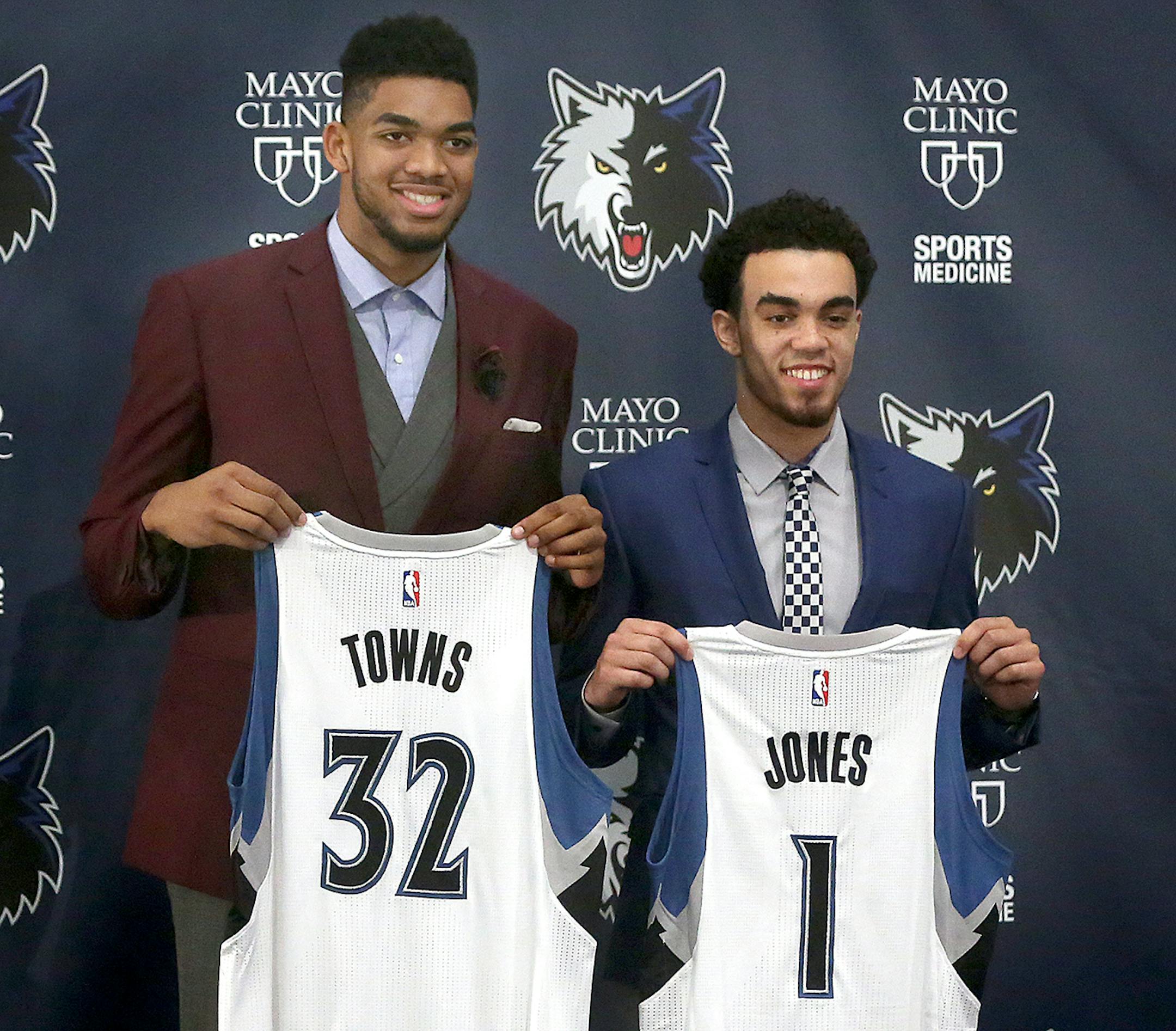 Timberwolves draft picks Karl-Anthony Towns (left, first overall in the NBA Draft) and Tyus Jones were introduced during a news conference