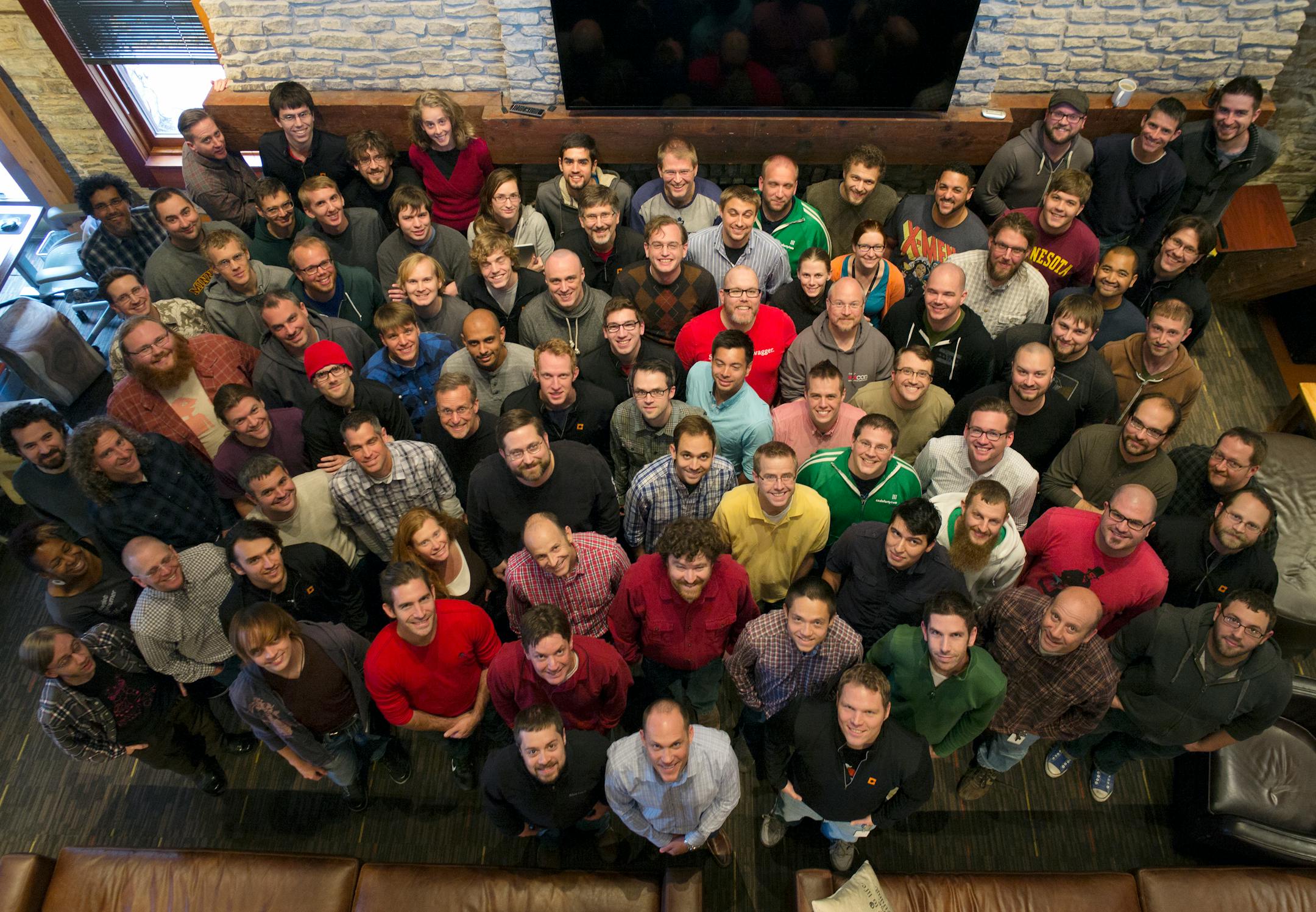 The software engineering corps of Code 42, the Minneapolis software company, in October of 2014.