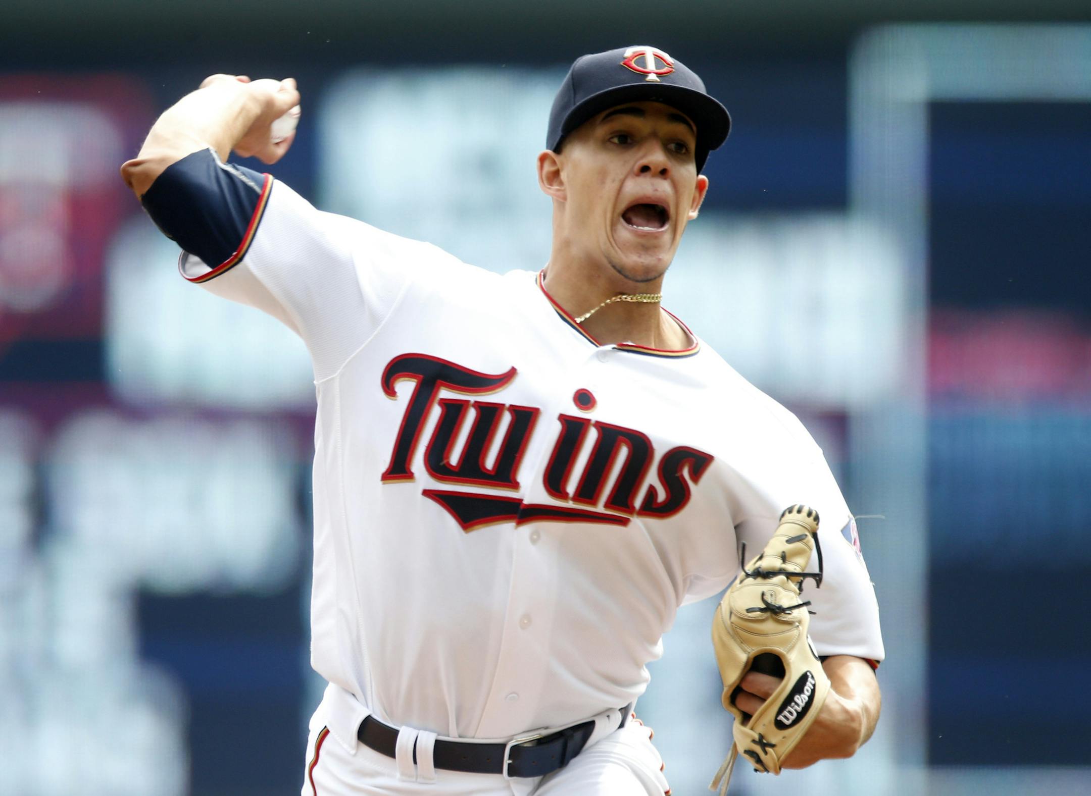 Minnesota Twins pitcher Jose Berrios throws against the Detroit Tigers in the first inning of a baseball game Thursday, Aug. 25, 2016, in Minneapolis. (AP Photo/Jim Mone)