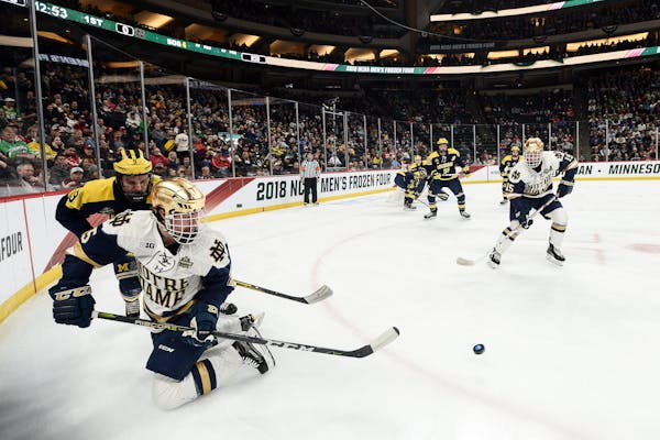 Notre Dame's Dylan Malmquist (25) passed the puck behind his back to teammate Andrew Oglevie on Thursday. Malmquist, of Edina, is one of five Minnesot