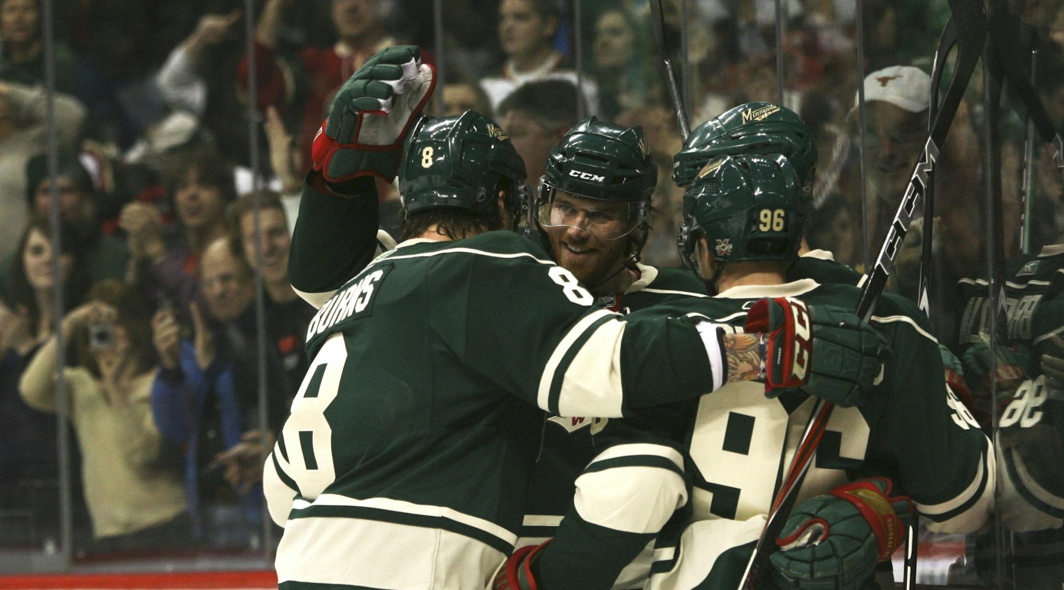 Wild's Martin Havlat celebrated with teammates after scoring the only goal in the first period.