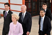 G7 leaders, from left to right, Canadian Prime Minister Justin Trudeau, European Commission President Ursula von der Leyen, U.S. President Joe Biden, 