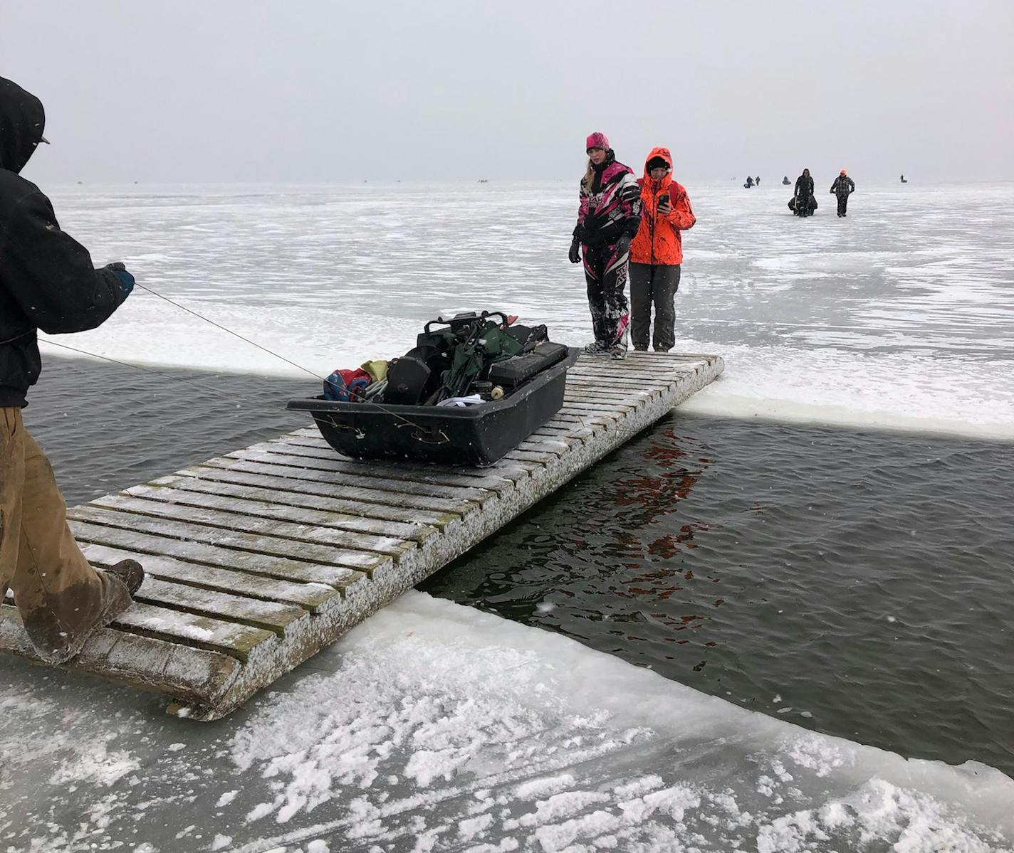 200 anglers were evacuated Wednesday from a sheet of ice using a bridge provided by a resort on the south side of Upper Red Lake. The ice had broken away from shore, stranding the eager winter walleye anglers.