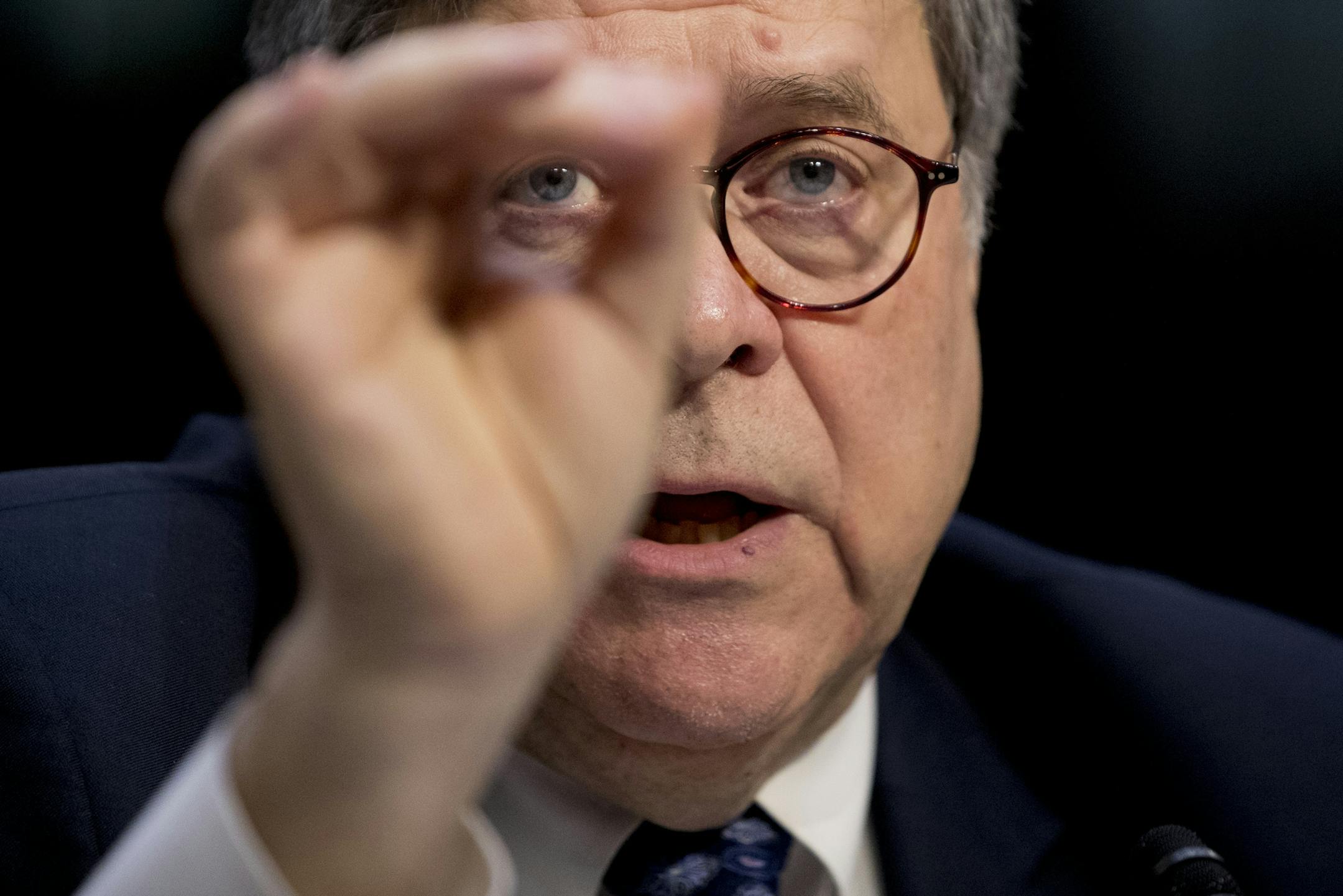 Attorney General nominee William Barr testifies during a Senate Judiciary Committee hearing on Capitol Hill in Washington, Tuesday, Jan. 15, 2019. Barr will face questions from the Senate Judiciary Committee on Tuesday about his relationship with Trump, his views on executive powers and whether he can fairly oversee the special counsel's Russia investigation. Barr served as attorney general under George H.W. Bush. (AP Photo/Andrew Harnik)