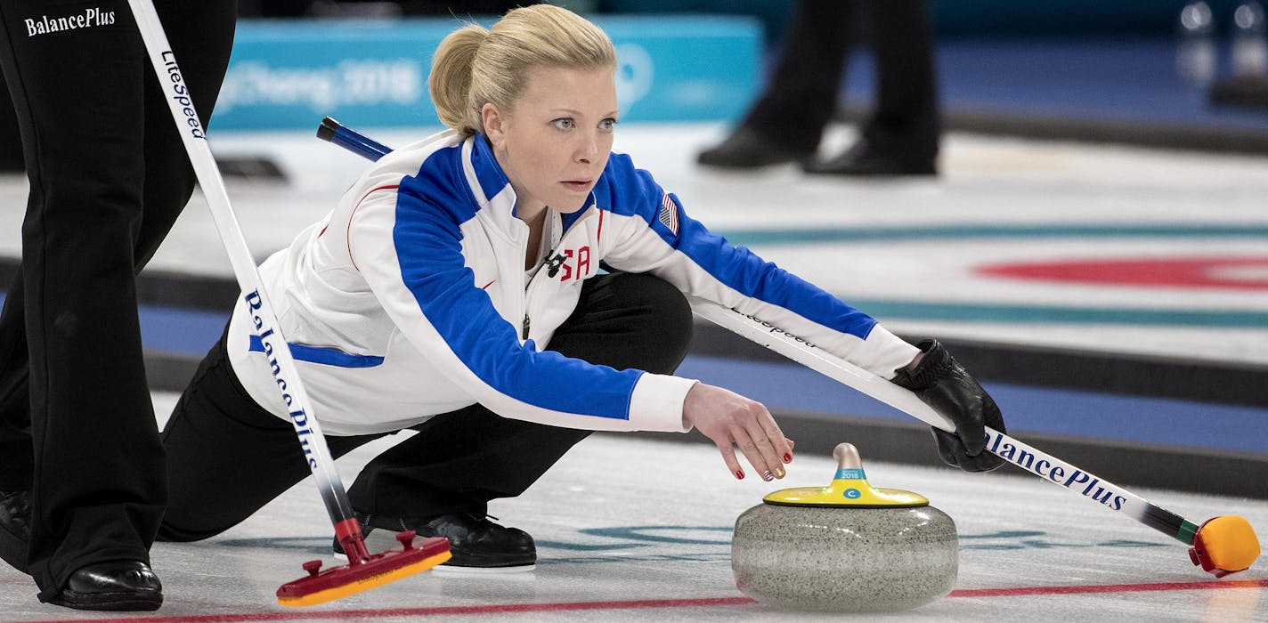 Nina Roth delivered the rock during a game vs. China on Monday night. ] CARLOS GONZALEZ &#x2022; cgonzalez@startribune.com - February 19, 2018, South Korea, 2018 Pyeongchang Winter Olympics, Gangneung Curling Centre, USA vs. China